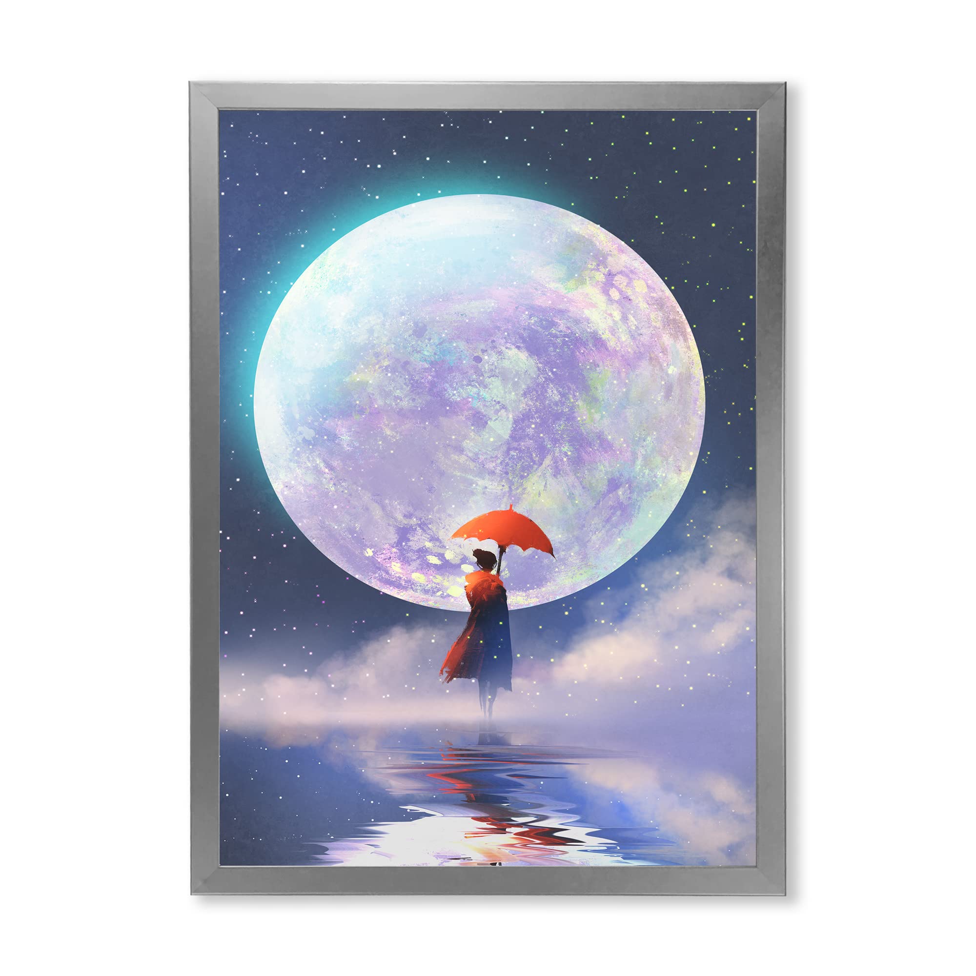 DesignQ Traditional Framed Wall Art - Woman with Umbrella Standing on Water Against Moon - Elegant Home Decor for Living Room, Bedroom & Office