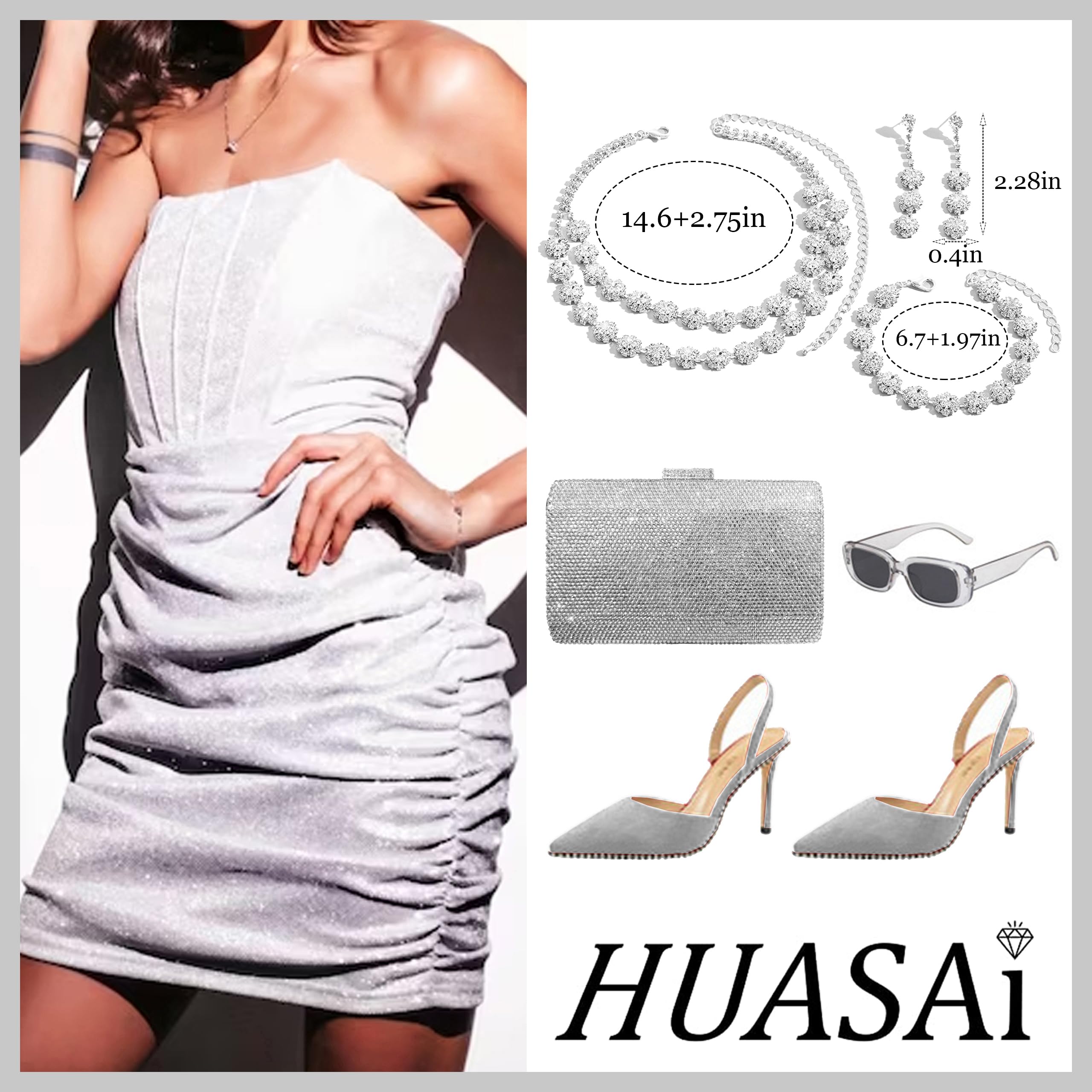 HUASAI Silver Rhinestone Jewelry Set for Women - Necklace, Earrings & Bracelet - Prom, Wedding, Party Dress Accessories - Perfect for Formal Events, Evening Gowns and Special Occasions