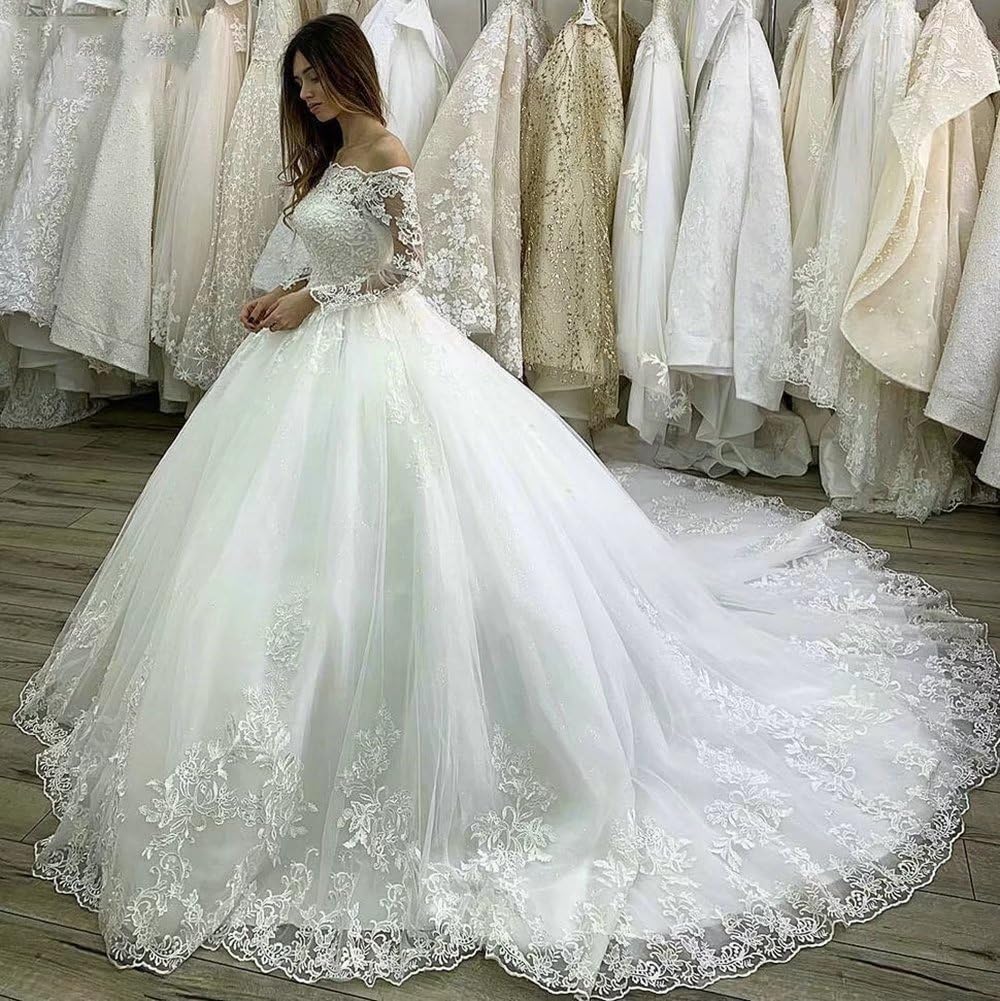 Luxury Long Sleeve Lace Wedding Dress for Bride - Off Shoulder Ball Gown Bridal Gown with Appliques - Perfect for Church Ceremony, Beach Wedding, and Formal Reception