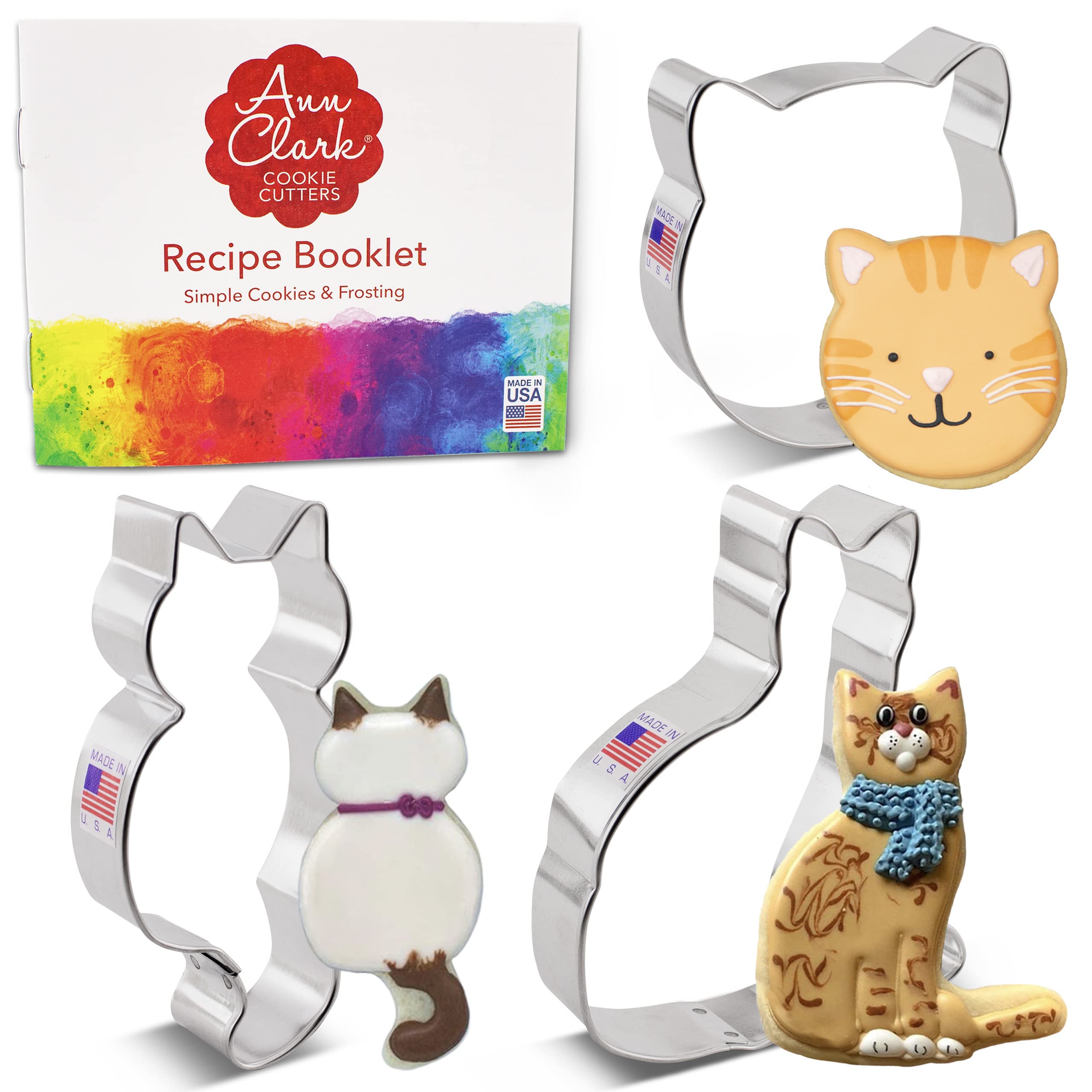 Ann Clark 3-Piece Cat Cookie Cutter Set - Cat Face, Sitting Cat & Curled Cat Shapes | USA Made Stainless Steel Baking Tools for Cat-Themed Cookies, Cupcakes & Holiday Treats