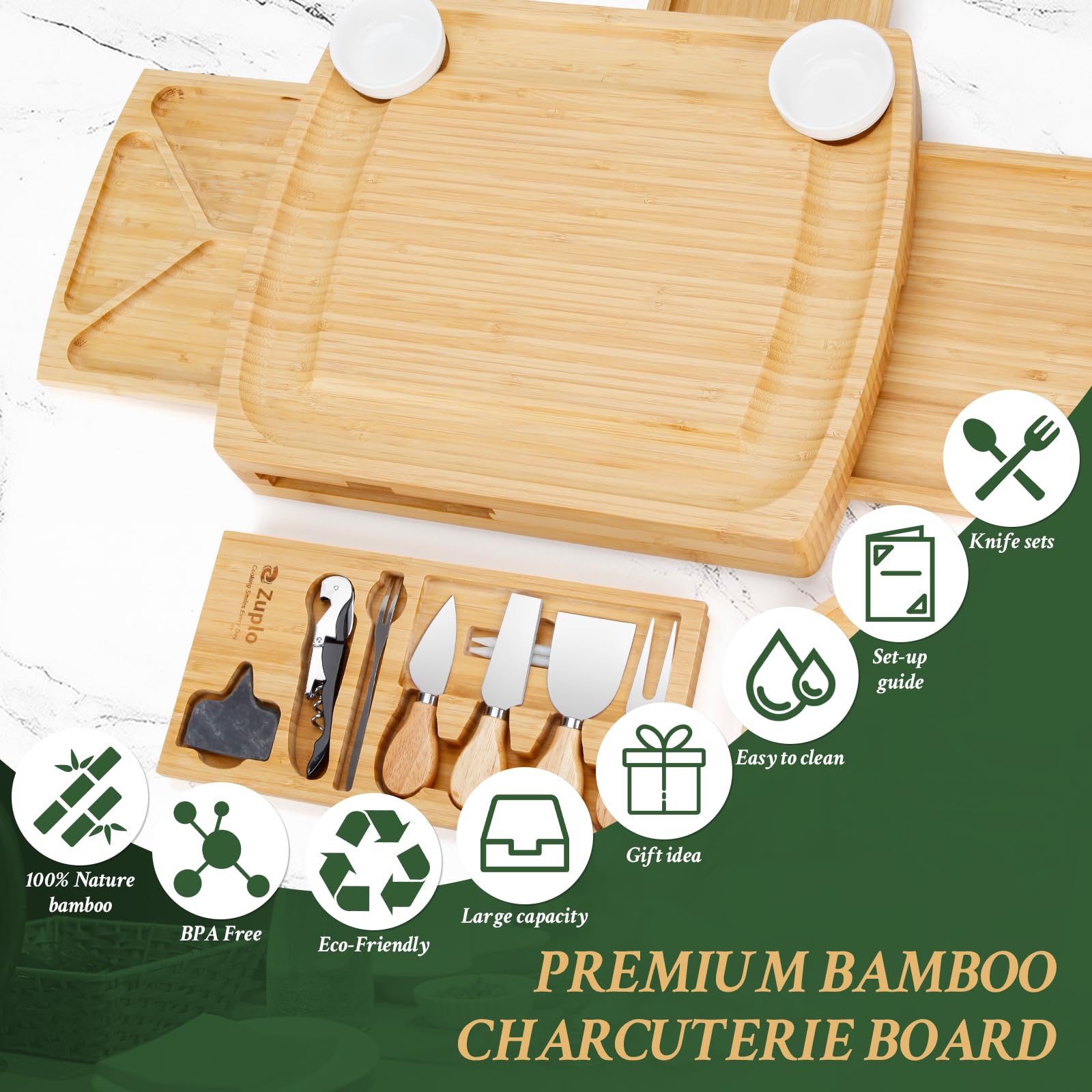 Premium Bamboo Charcuterie Board Set with Cheese Knives - Elegant Wooden Serving Tray for Entertaining, Housewarming Gifts, Weddings & Holidays (Christmas, Anniversary, Bridal Shower) - Perfect for Movie Nights, Wine Tasting & Charcuterie Parties