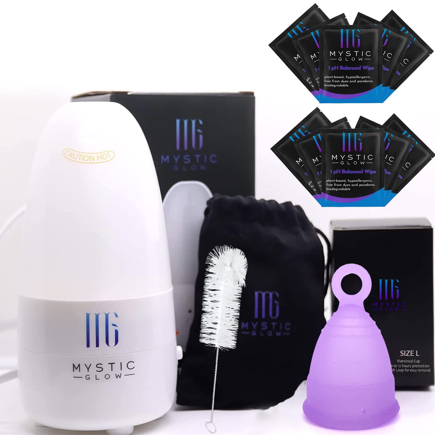 MYSTIC GLOW Menstrual Cup Sterilizer Kit with 10 Bamboo Wipes & Large Cup - One-Button Steam Cleaner for Period Cups (3-Min Sanitization) | Perfect for Travel, Home Use & Eco-Friendly Menstrual Care