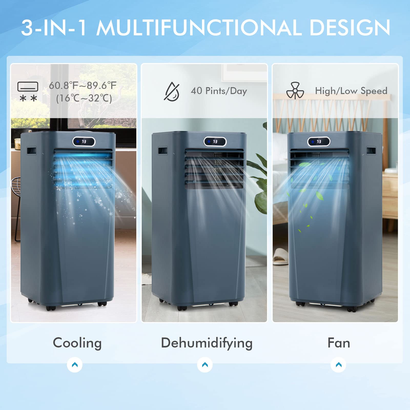 PETSITE 8000BTU Portable Air Conditioner - 3-in-1 Cooling Unit with Dehumidifier, Fan & Air Cooler Functions, Remote Control & Window Kit Included (Dark Blue) - Perfect for Bedrooms, Living Rooms & Small Offices