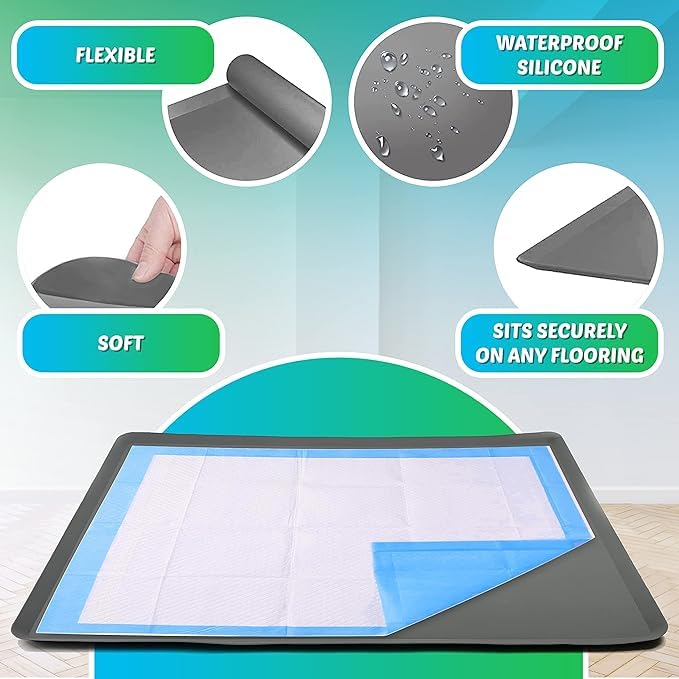 TidyFriend Non-Slip Silicone Dog Pad Holder Tray for 30x36 Inch Training Pads | Leak-Proof Puppy Potty Tray with Raised Edges | Easy to Clean & Store | Ideal for Indoor Dog Toilet Training & Small Spaces (Grey)