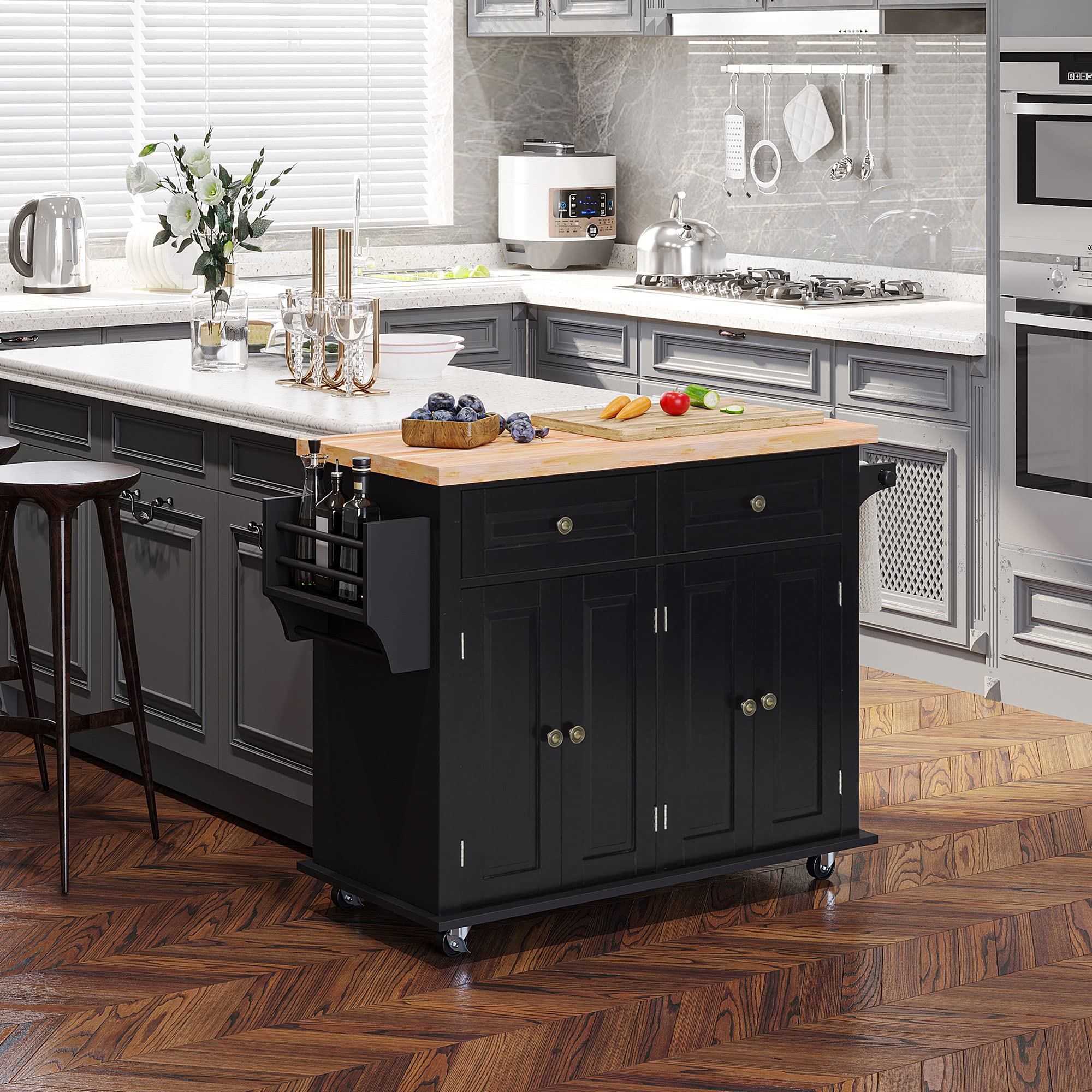 HOMCOM Black Kitchen Island Cart with 2 Drawers & 2 Cabinets, Wooden Top, Spice Rack & Tea Towel Holder - Perfect for Small Kitchens, Dining Rooms & Home Organization Storage