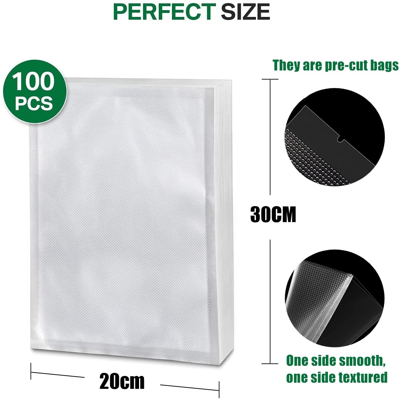 100Pcs Vacuum Sealer Bags 20cm x 30cm - Thick Textured Food Storage Bags with Easy Tear Notch - Pre-Cut Embossed Vacuum Seal Bags for Sous Vide Cooking, Meal Prep & Food Preservation - Compatible with All Vacuum Sealer Machines