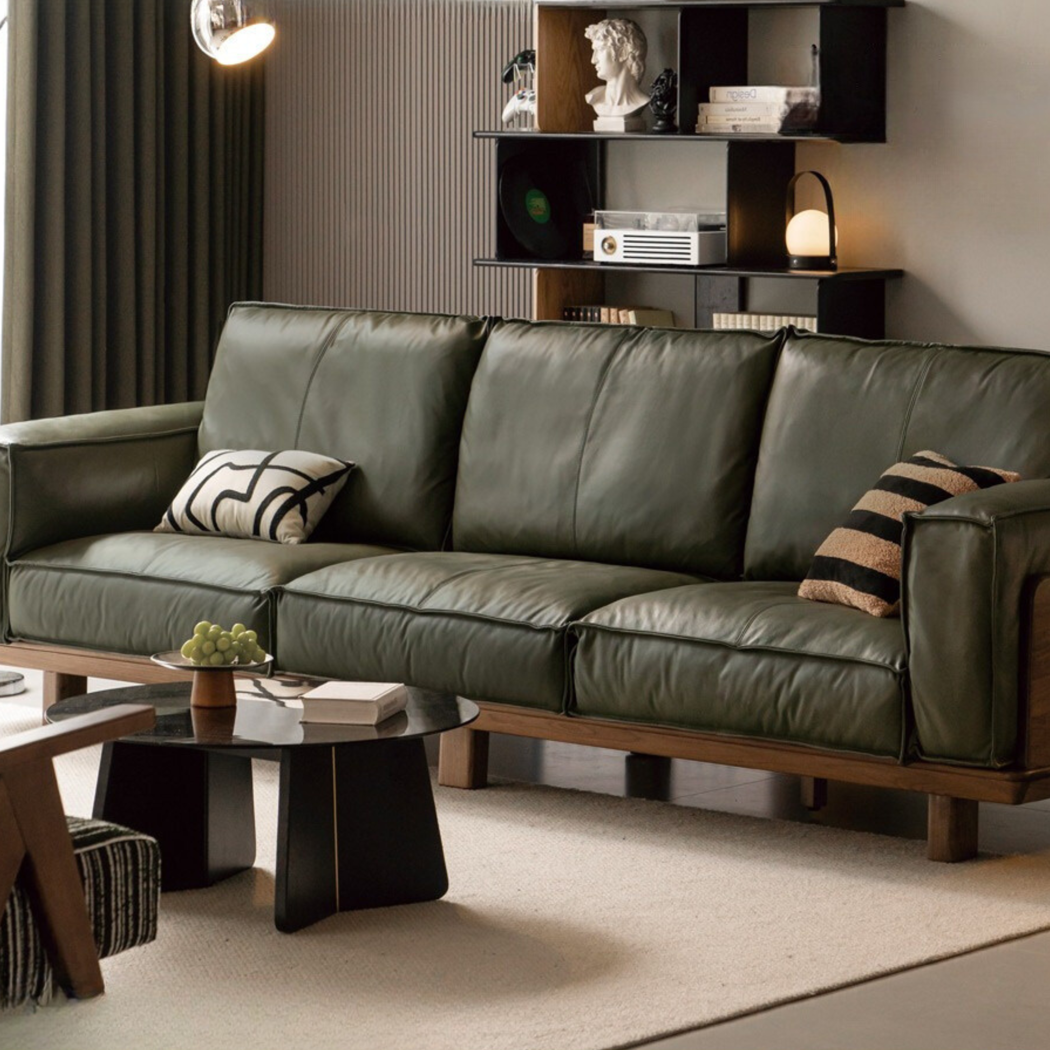 Premium Black Walnut Solid Wood Leather Sofa - Handcrafted Luxury Sofa for Living Room, Office & Lounge - Durable & Stylish Modern Furniture for Home Decor