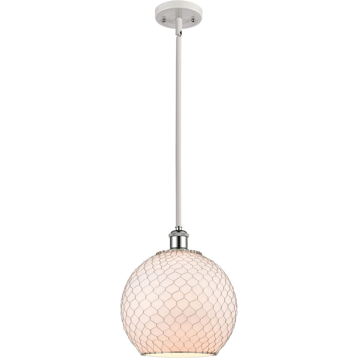 Large Farmhouse Chicken Wire 1-Light Pendant Light Fixture - White & Polished Chrome - Ballston Collection - Rustic Kitchen Island Lighting, Dining Room Chandelier, Country Home Decor