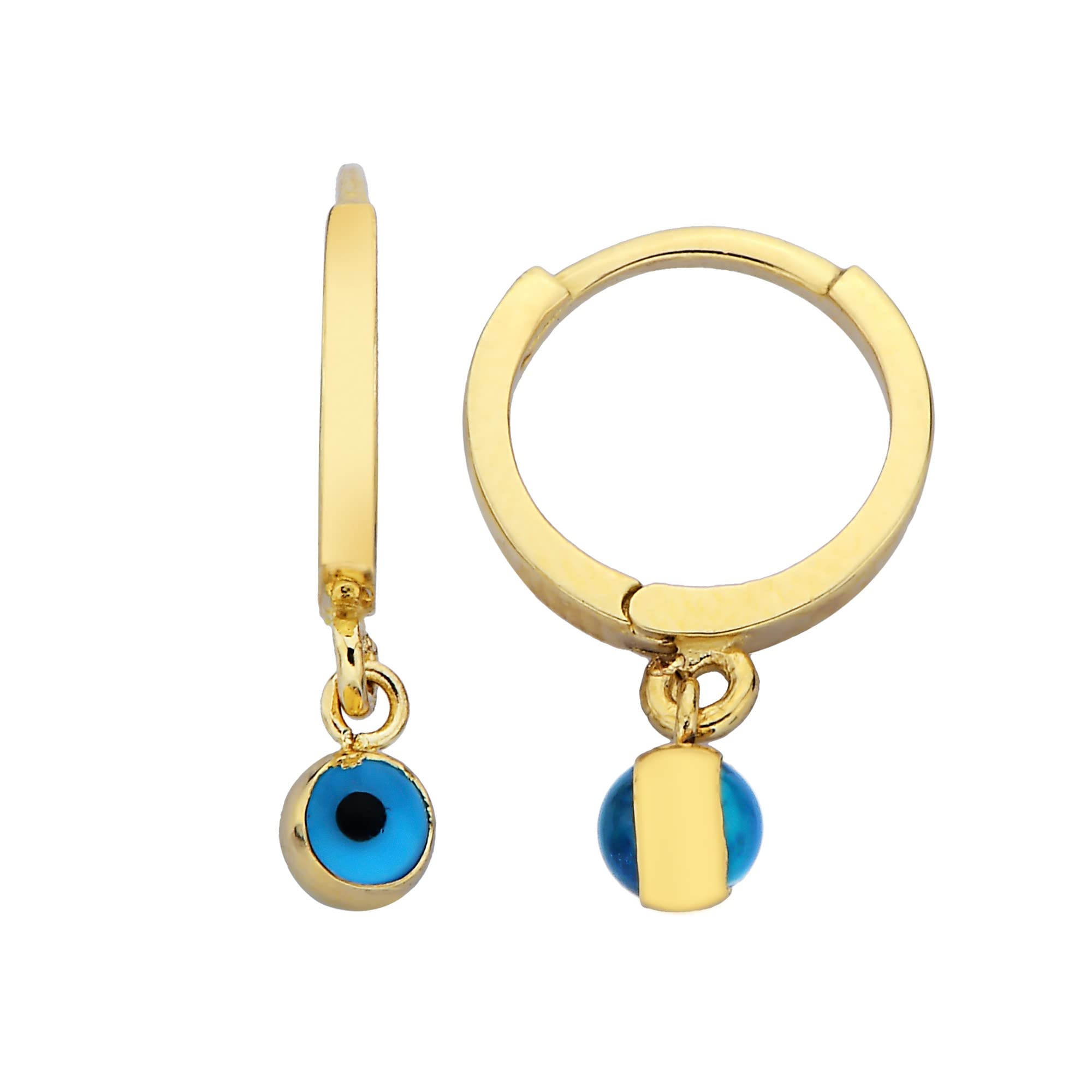 14K Solid Gold Evil Eye Hoop Earrings for Girls - Two-Sided Dangle Drop Nazar Jewelry - Baby & Teen Birthday Gift - Perfect for Parties, School & Special Occasions