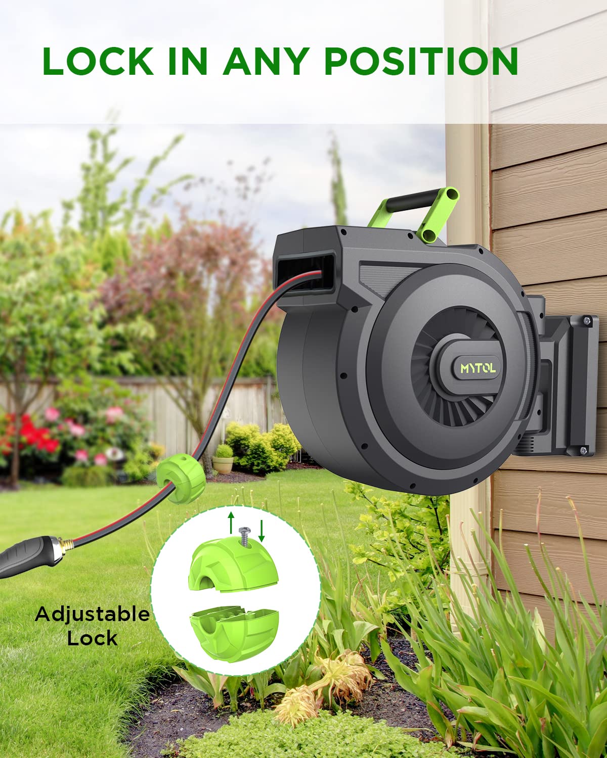 **100 ft Retractable Garden Hose Reel with Auto Rewind - 1/2 Inch Heavy Duty Wall Mount Hose Reel, 6 ft Hose, 10 Spray Nozzle Patterns, 180° Swivel Bracket - Perfect for Lawn, Yard & Outdoor Watering**