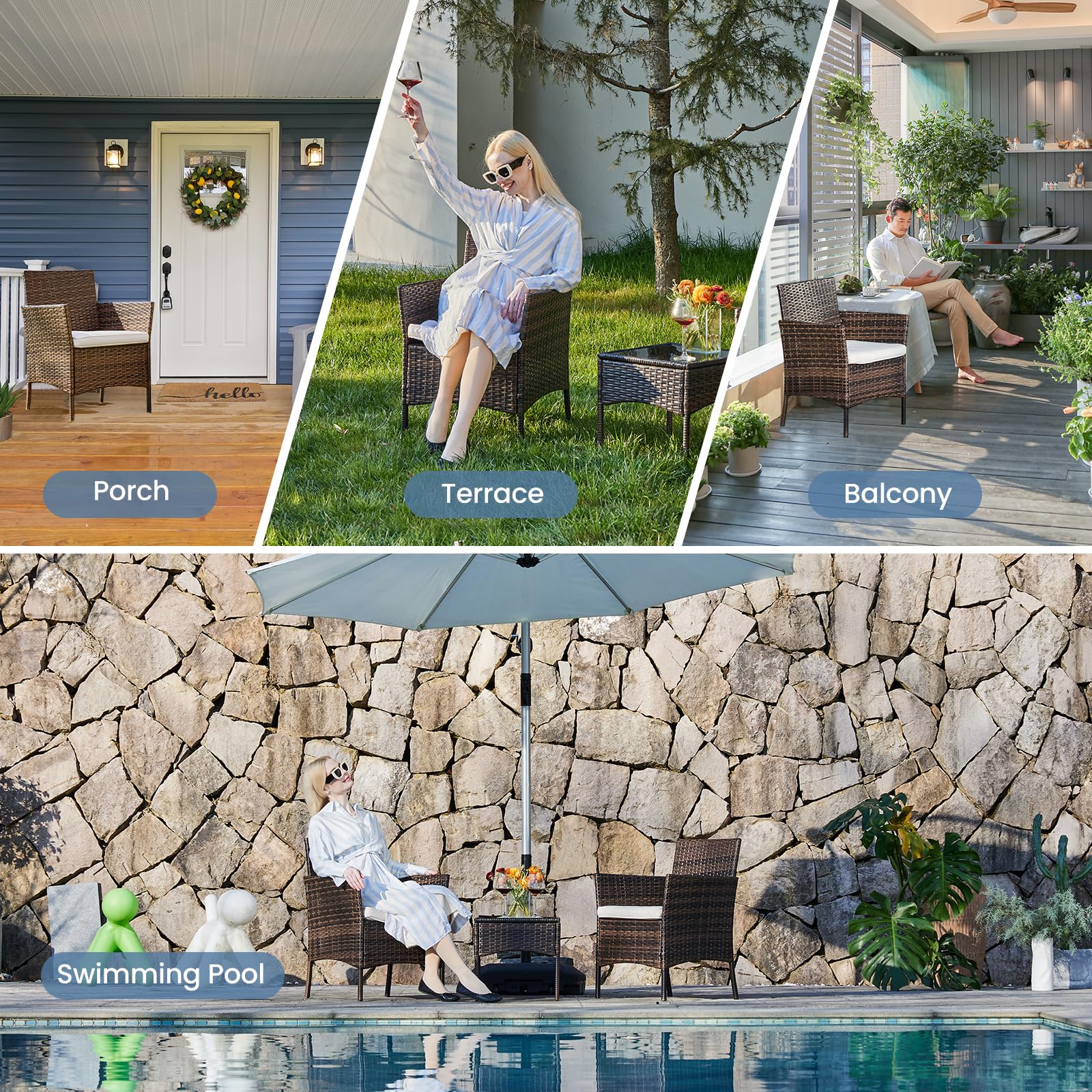 DUMOS 3-Piece Patio Furniture Set - Modern Outdoor Wicker Sofa & Coffee Table Conversation Set, All-Weather Rattan Chairs for Garden, Terrace, Porch, Balcony, Backyard (Brown & Beige) | Perfect for Relaxing, Entertaining & Outdoor Dining