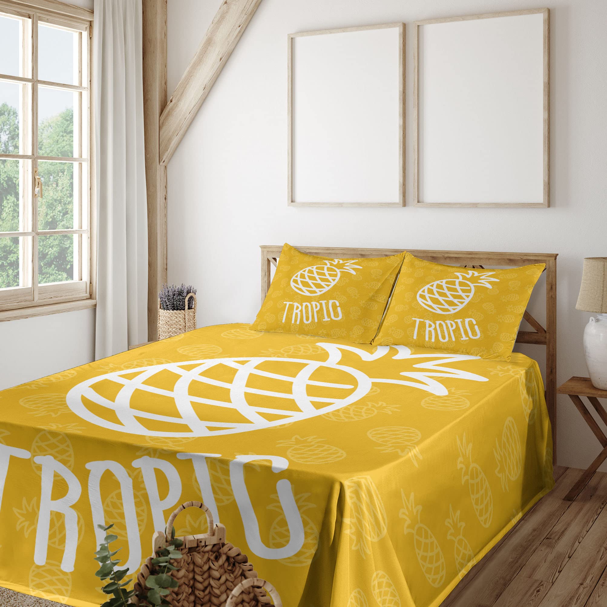 Ambesonne Yellow & White King Size 4-Piece Sheet Set - Tropical Pineapple Hawaiian Design, Fitted & Flat Sheets with Pillowcases - Soft Bedding for Summer, Beach House Decor, Guest Room & Vacation Home Essentials