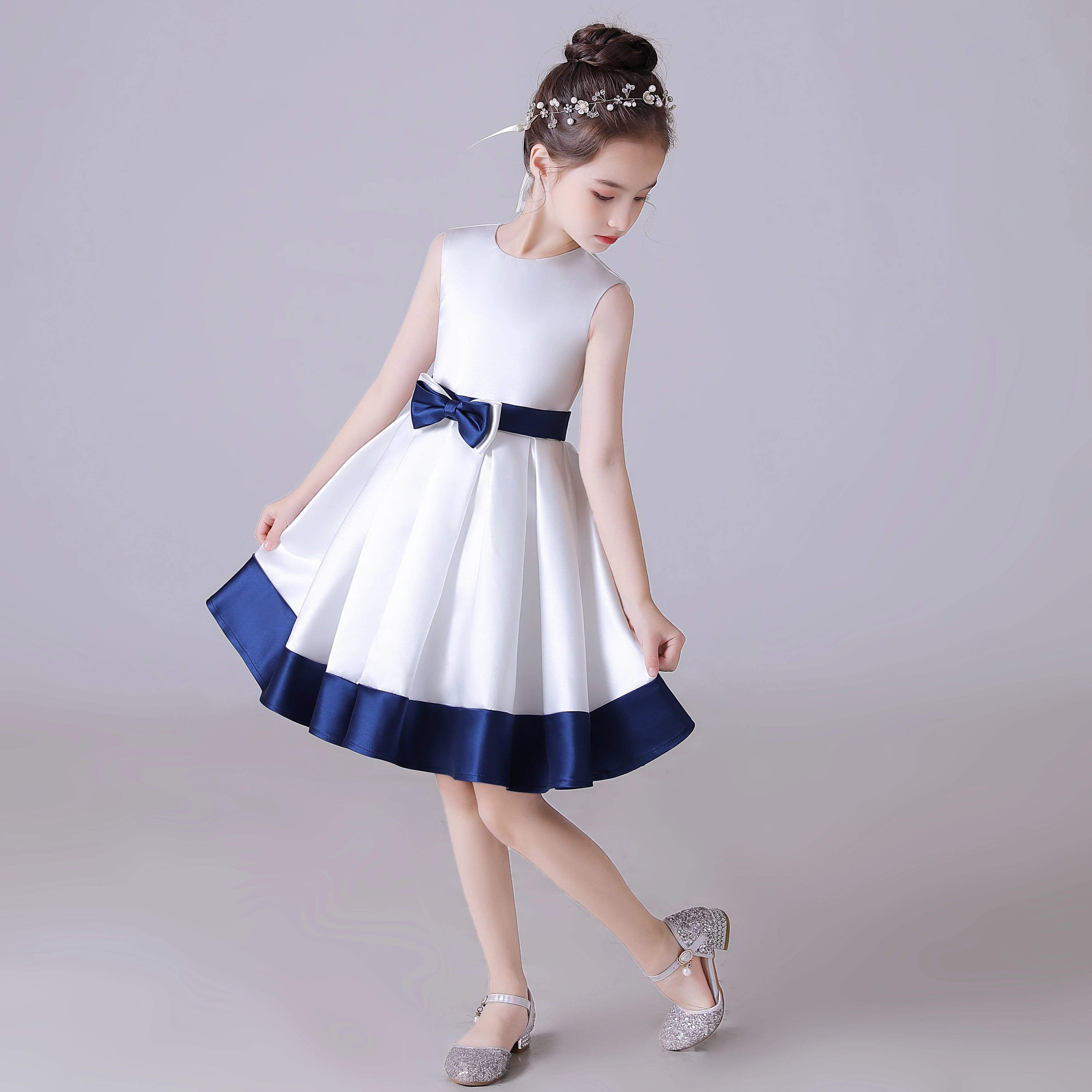 Elegant Sleeveless Satin Girls Dress with Navy Blue Bow - Knee-Length Party Dress for Special Occasions, Birthday, Photo Shoots & Formal Events