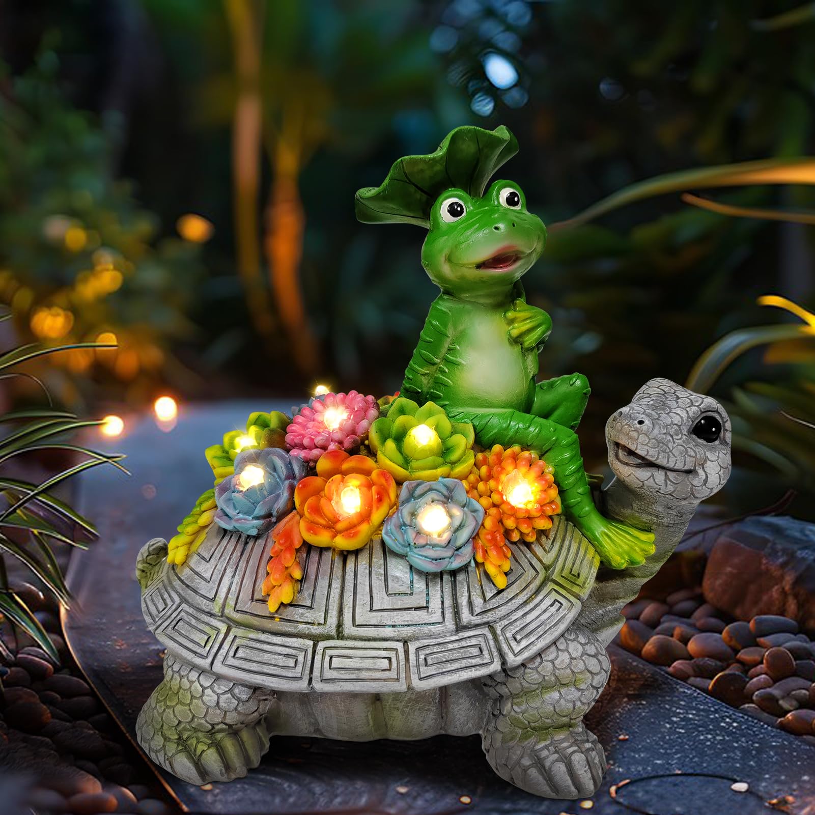 Solar-Powered Turtle & Frog Garden Statues with Succulent Planter & 8 LED Lights - Outdoor Lawn Decor for Patio, Yard - Perfect Housewarming Gift for Mom & Grandma (Ideal for Garden, Pathway, or Porch Lighting)