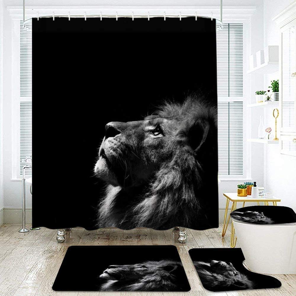 4-Piece Wild Animal Shower Curtain Set - Lion King Forest Theme with Non-Slip Bath Mat & Toilet Cover | 72x72 Inch Waterproof Bathroom Decor with 12 Hooks | Perfect for Jungle, Safari, or Kids' Bathroom Design