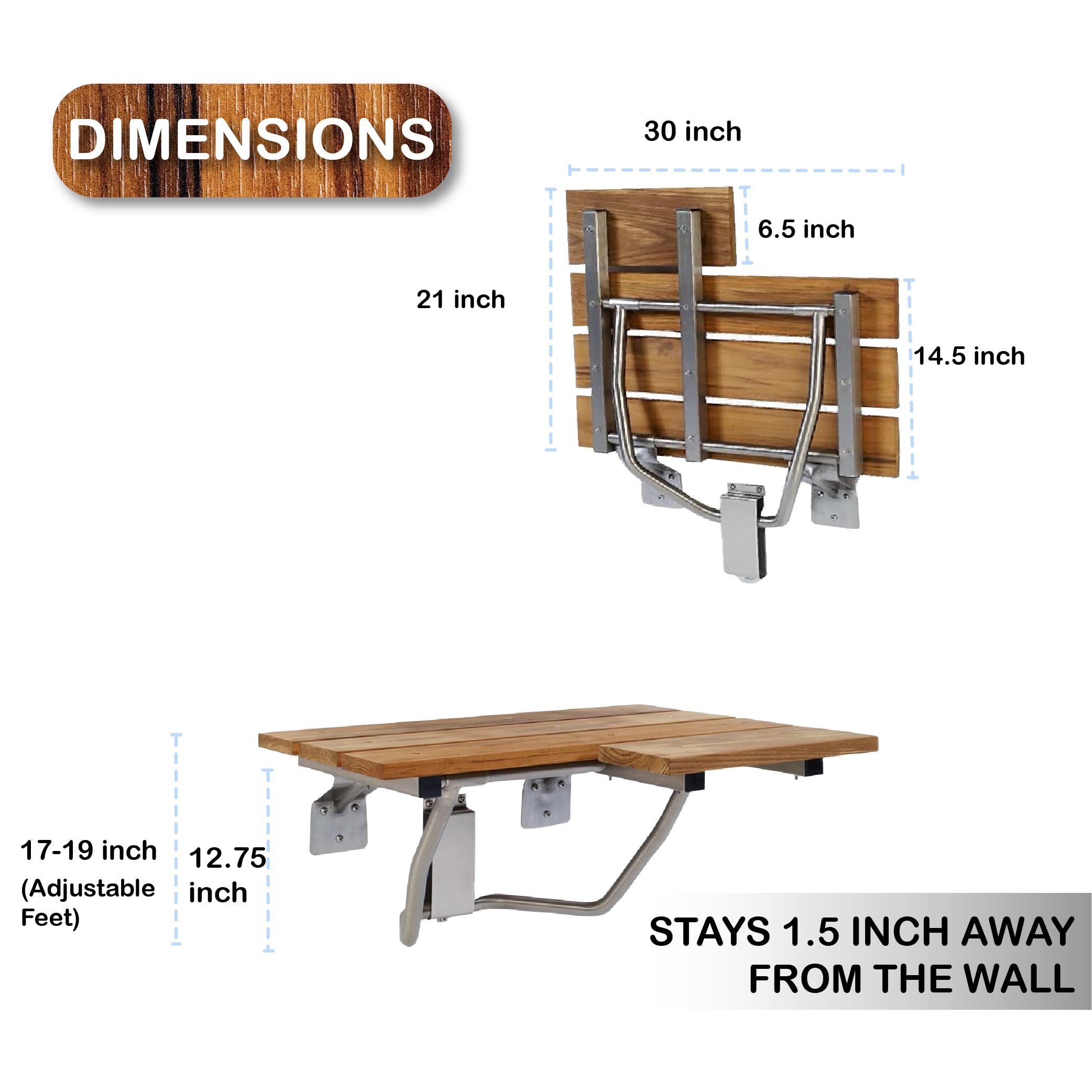 ADA Compliant Folding Shower Chair for Elderly & Disabled - 600lb Capacity Wall Mounted Teak Shower Bench with 304 Stainless Steel Frame (30