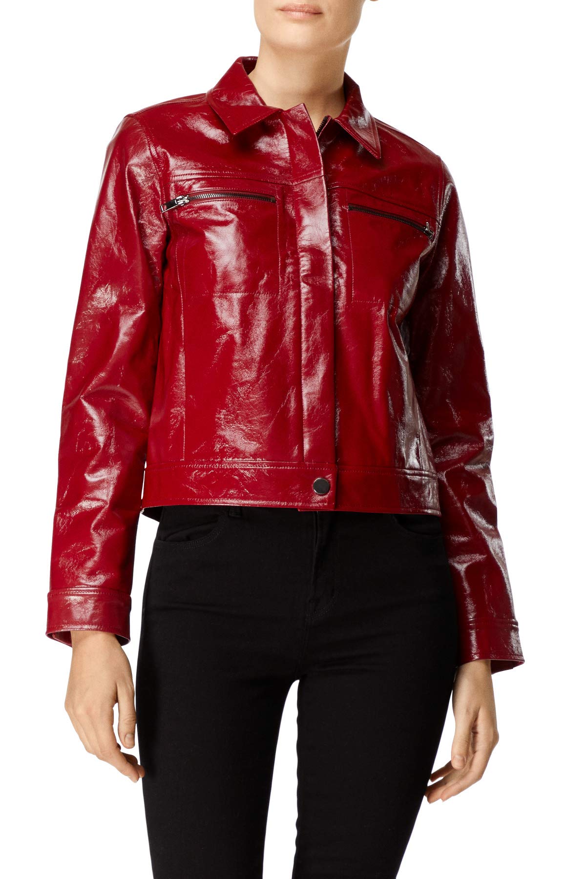 J Brand Yvette Venetian Patent Red Leather Jacket for Women - Size XS | Stylish Vegan Leather Biker Jacket for Casual Outings & Night Out