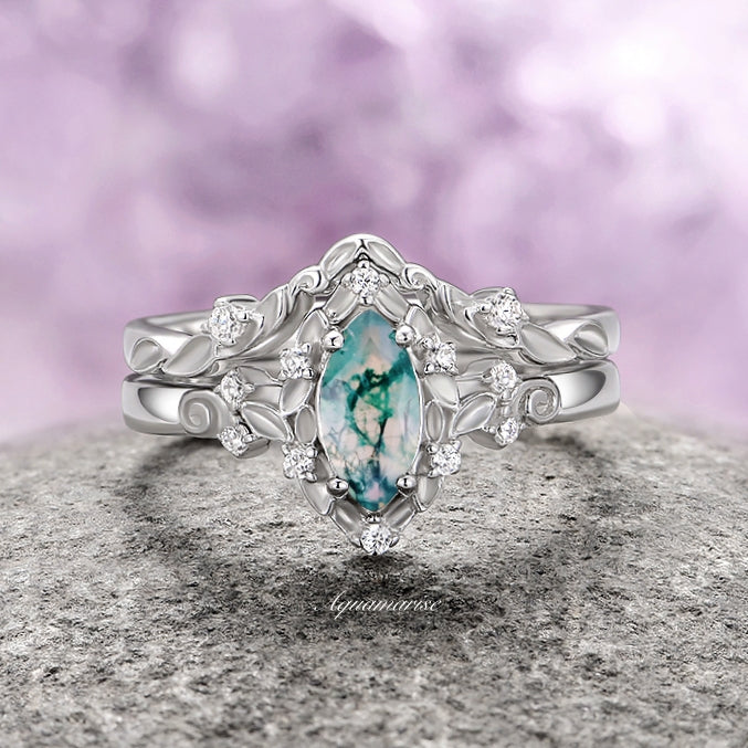 Fairy Green Moss Agate Leaf Engagement Ring Set - 14K White Gold Wedding Band for Women, Nature-Inspired Bridal Jewelry Gift for Her | Perfect for Proposals, Anniversaries & Special Occasions