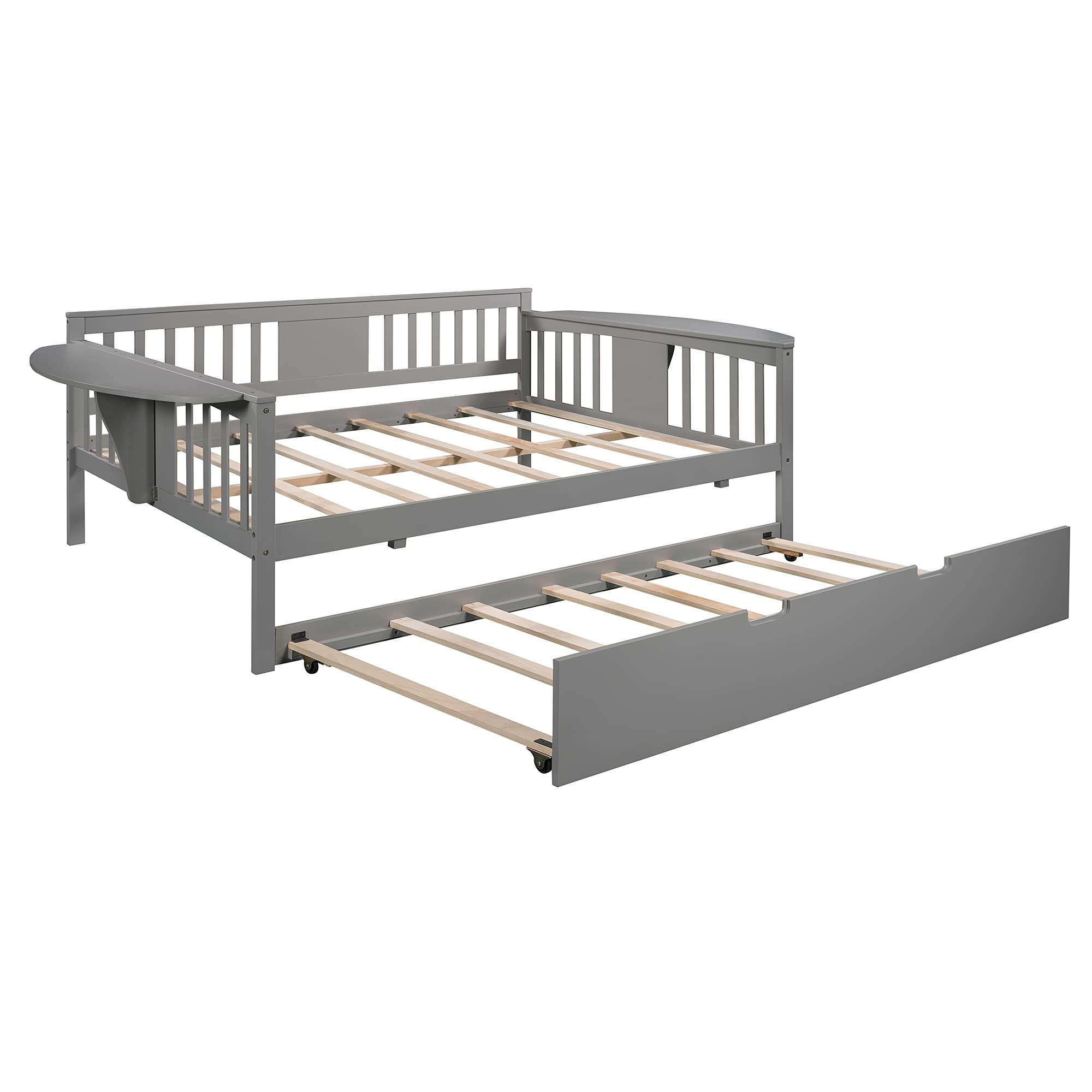 **Solid Wood Daybed with 2 Folding Tables & Trundle - Full-Size Bed Frame for Kids, Teens & Guest Rooms - Multi-Functional Convertible Sofa Bed - No Box Spring Needed - Perfect for Small Spaces, Sleepovers & Home Offices**
