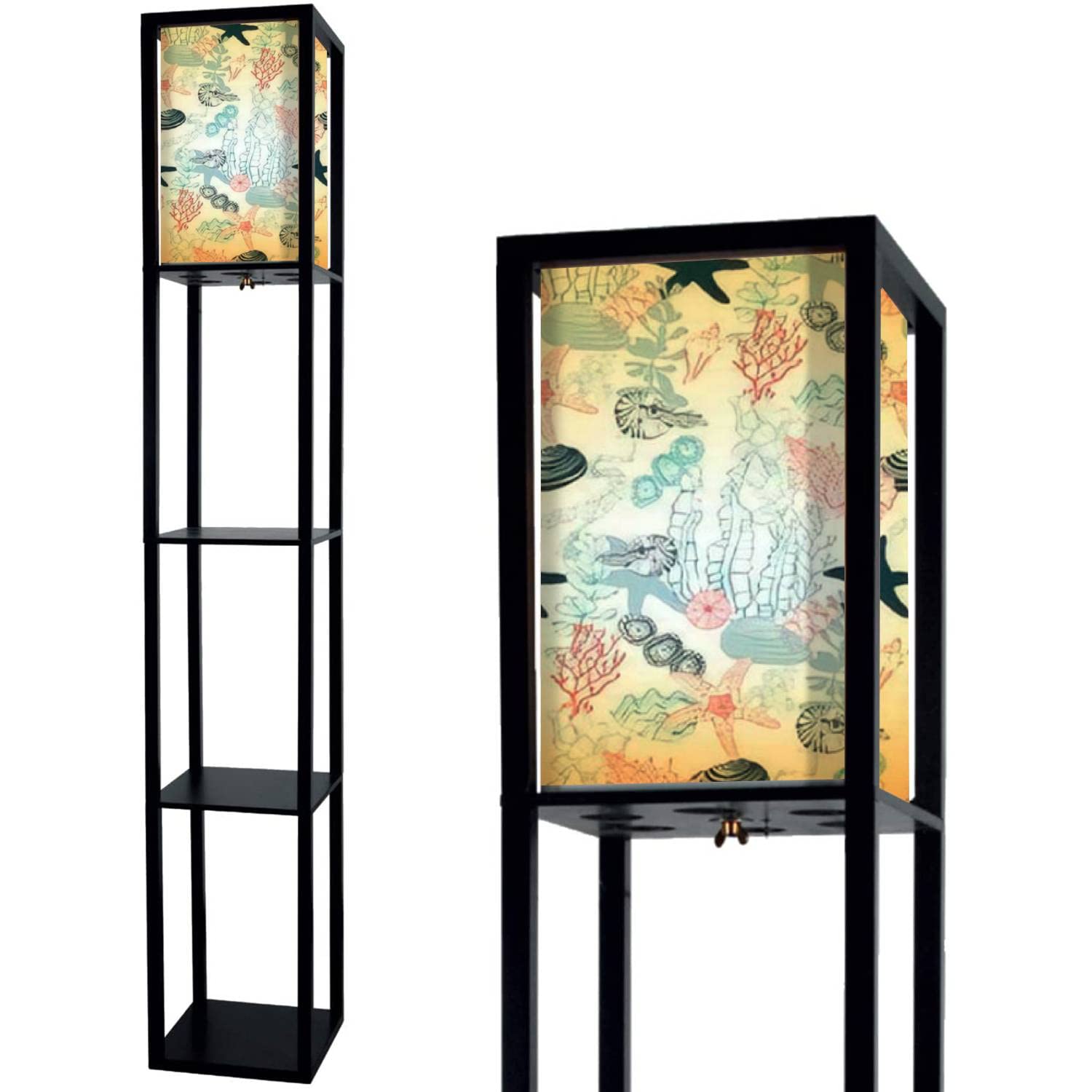 Seashell & Starfish Print Floor Lamp with Shelves - Flaxen Fabric Shade Tall Standing Corner Lamp for Living Room & Bedroom - Coastal Aesthetic Decor for Beach House, Nursery, or Office