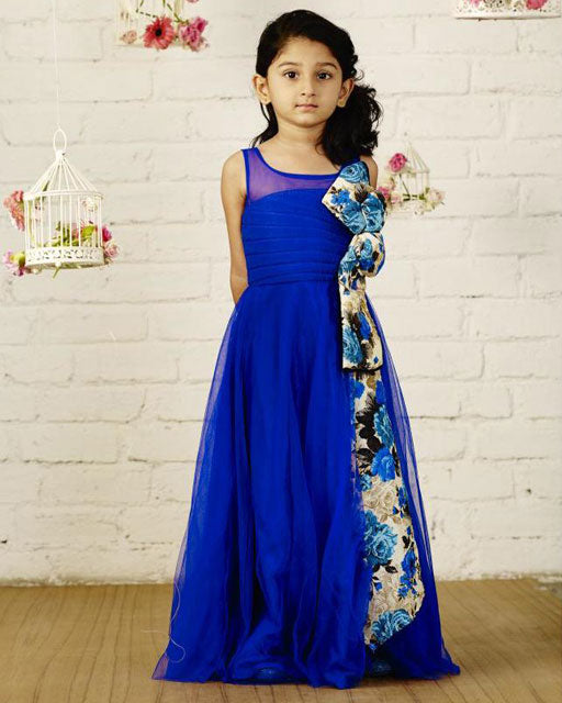 Pre Order: Elegant Girls Flared Party Gown with Silk Bow - Blue Formal Dress for Birthday, Wedding & Special Occasions