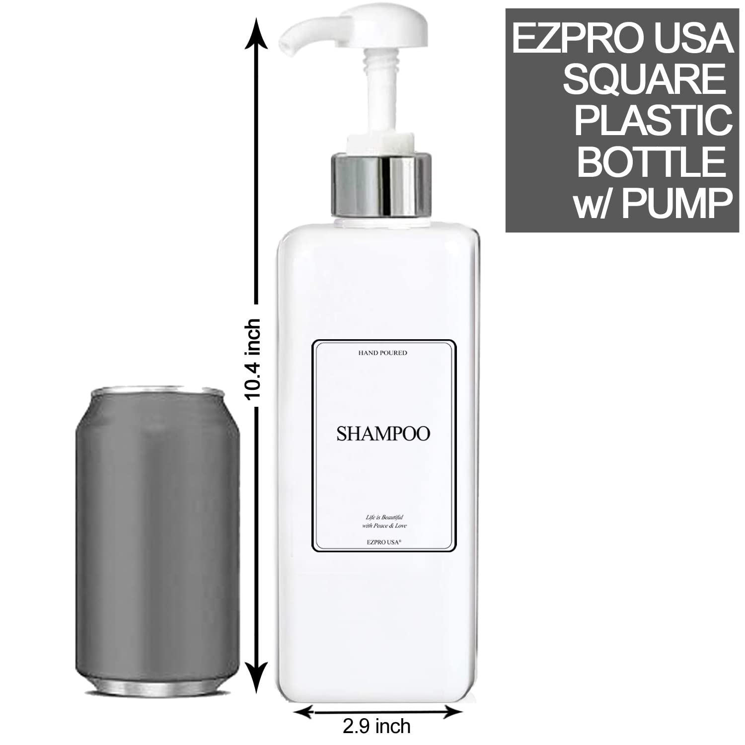 Refillable Square Plastic Pump Bottles for Shampoo, Conditioner, Soap & Lotion - BPA Free, Silver-White - Ideal for Body Wash, Moisturizer, Face Cream & Liquid Hand Soap - Perfect for Home, Salon & Travel Use
