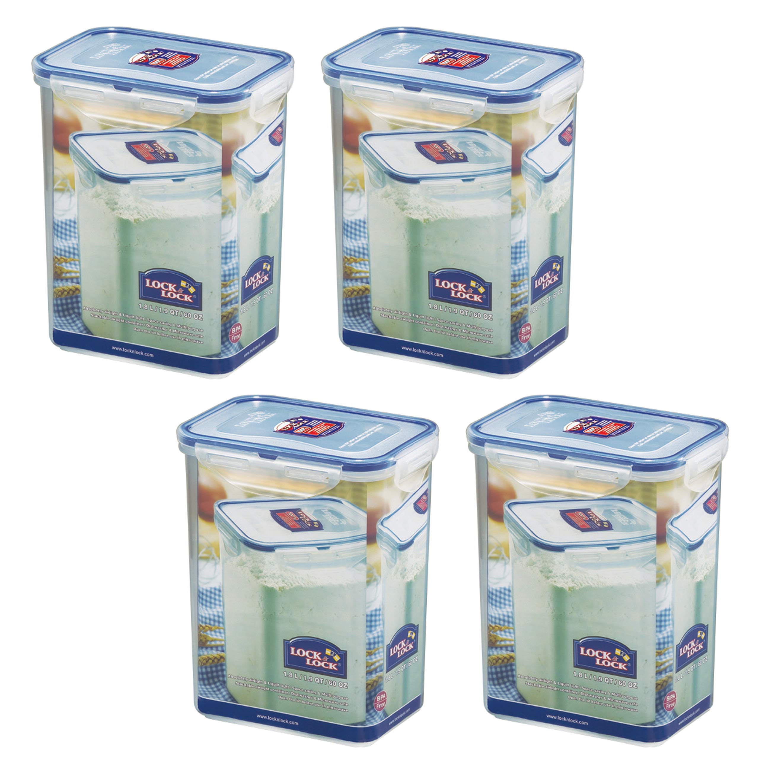 LocknLock Airtight Food Storage Container Set - 4-Piece Clear Rectangular Tall Containers (7.61 Cup) for Kitchen Pantry Organization & Meal Prep