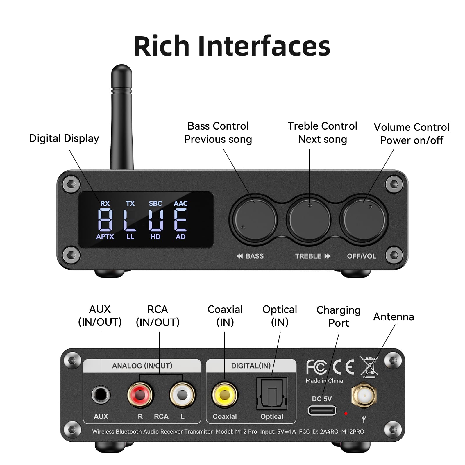 M12 Pro Bluetooth 5.2 Transmitter & Receiver - Wireless Audio Adapter for TV, Home Stereo, Headphones | Low Latency HD Sound with Display | RCA, 3.5mm AUX, Coaxial & Optical Ports | Perfect for Home Theater, Gaming & Music Streaming