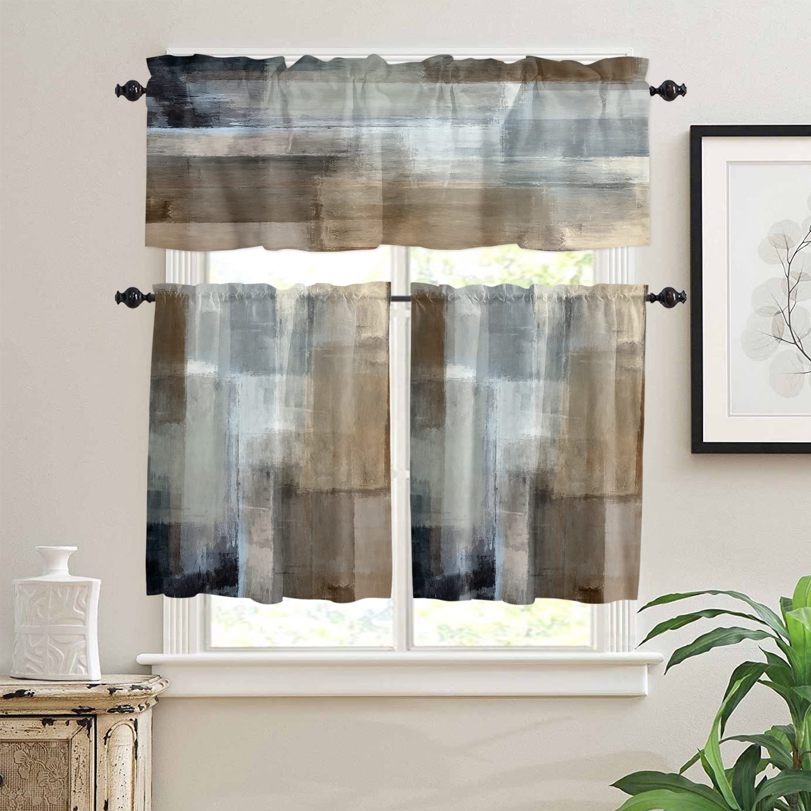 Abstract Art Kitchen Curtains Set with Rod Pocket Valances - Brown Beige Window Drapes & Tier Curtains for Kitchen, Living Room, Bathroom | Blackout Window Treatments for Home Decor & Light Control