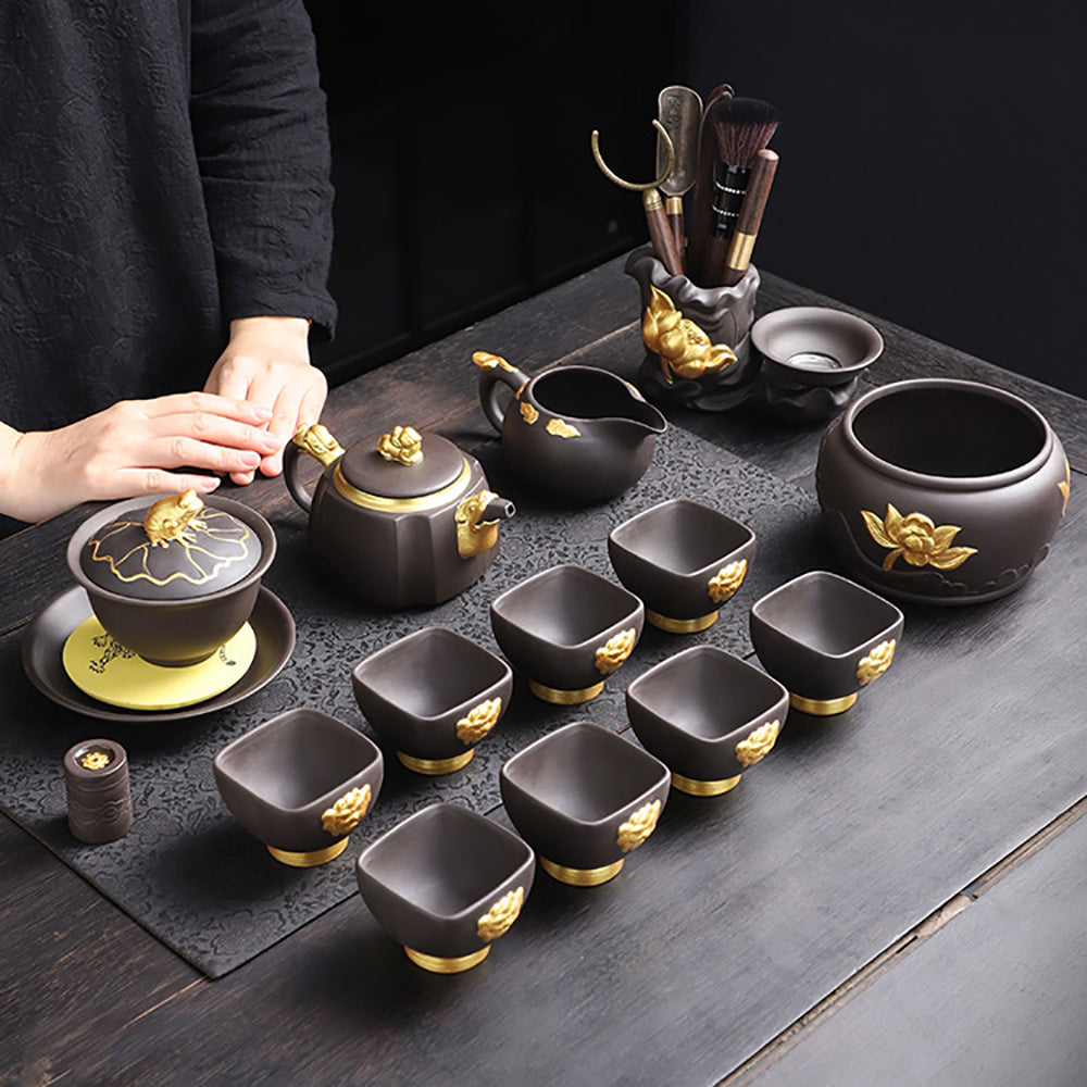 Premium Purple Clay Black Gold Dragon Tea Set - Authentic Chinese Gongfu Tea Ceremony Set for Home & Office Use