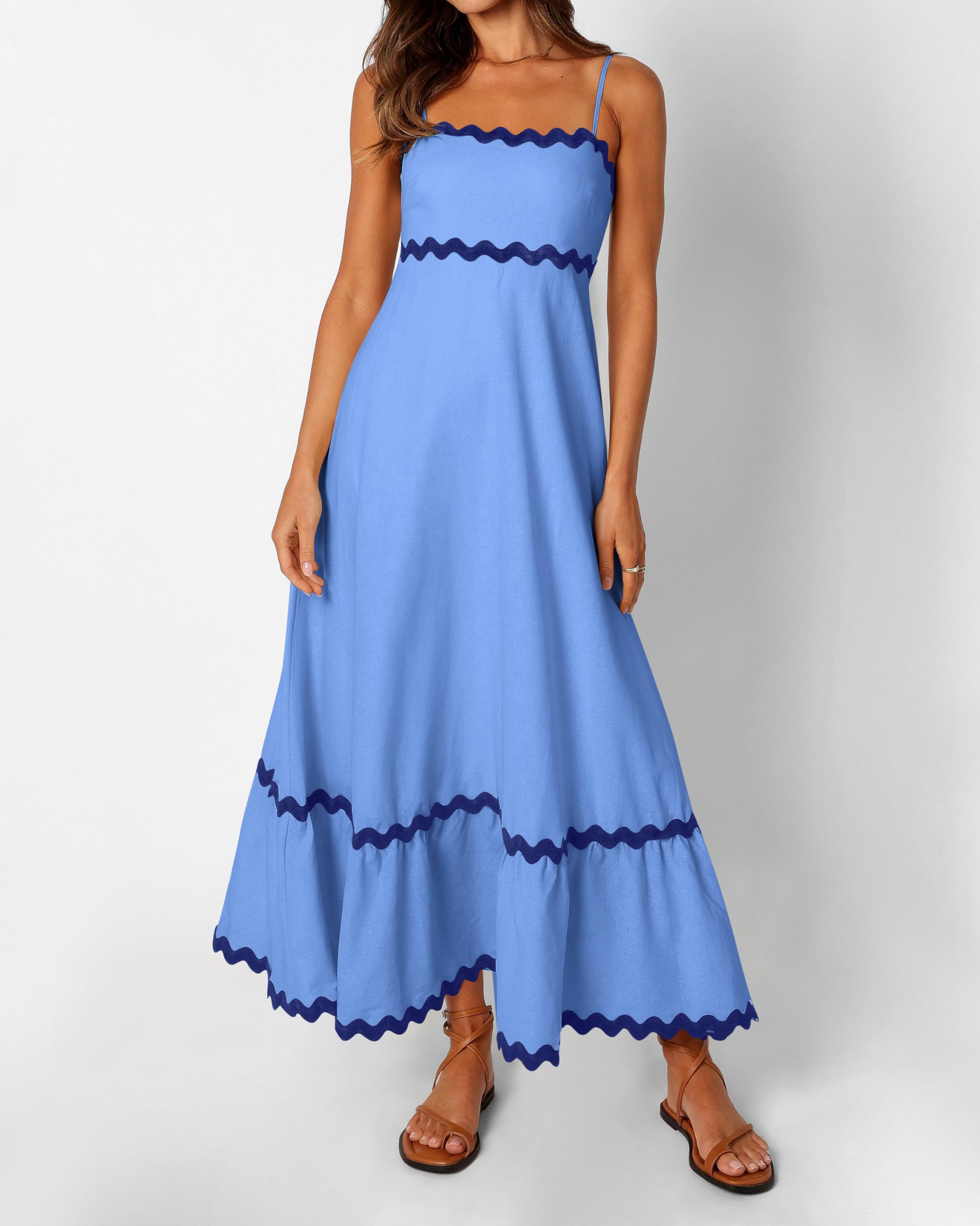Dowerme Women's Summer Dresses 2025 - Spaghetti Strap Sleeveless Boho Flowy Midi Dress with Smocked Waist & Rickrack Trim | Perfect for Beach Vacation, Date Night & Casual Outings