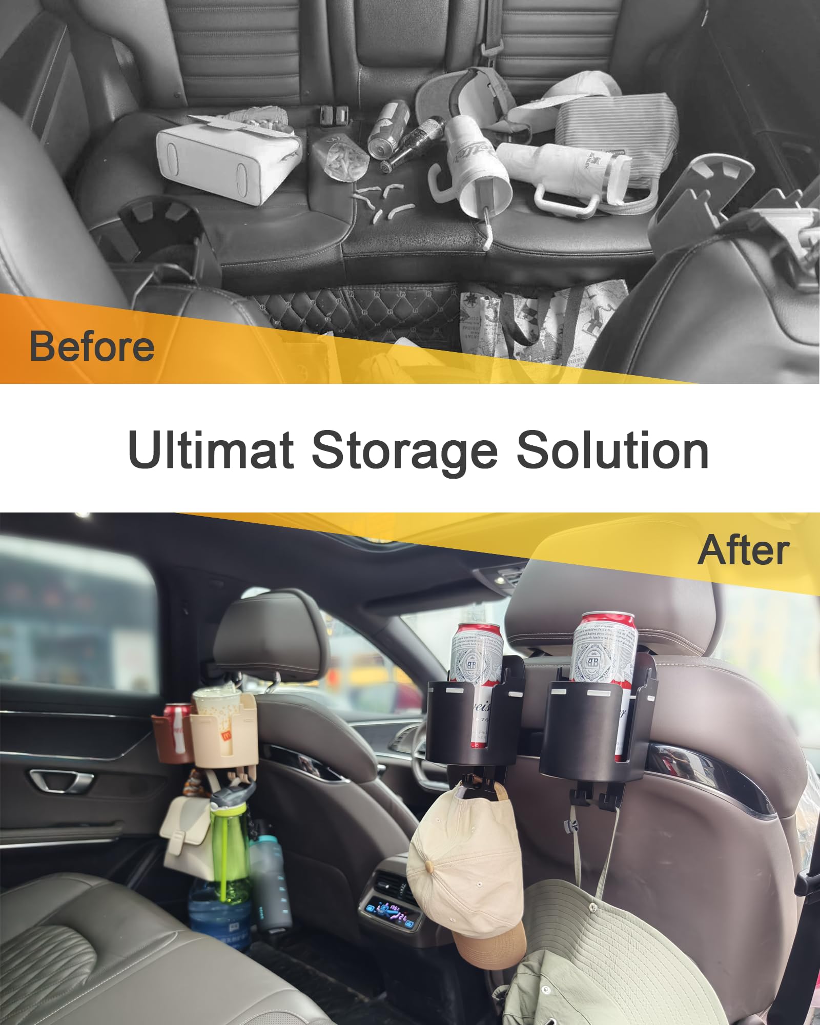 **2PCS Car Headrest Cup Holder for Back Seat - 3-in-1 Multifunctional Seat Back Organizer with Hooks | Perfect for Road Trips, Travel & Kids Snacks**