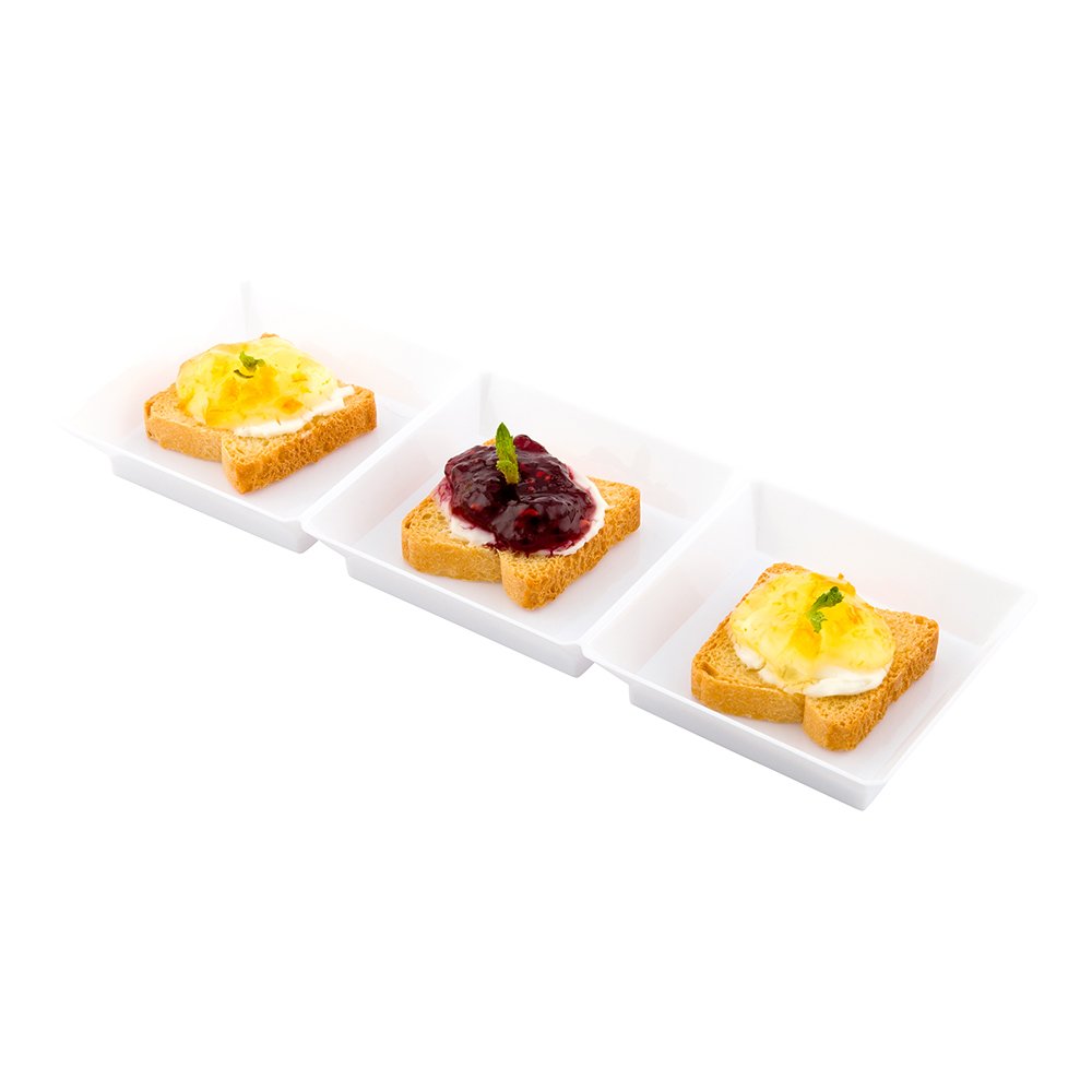 Disposable 7.5 x 2.5 Inch White Plastic 3-Compartment Serving Trays - 100-Pack Divided Sauce Plates for Condiments, Appetizers & Snacks | Perfect for Restaurants, Catering & Party Food Service (Lids Sold Separately)
