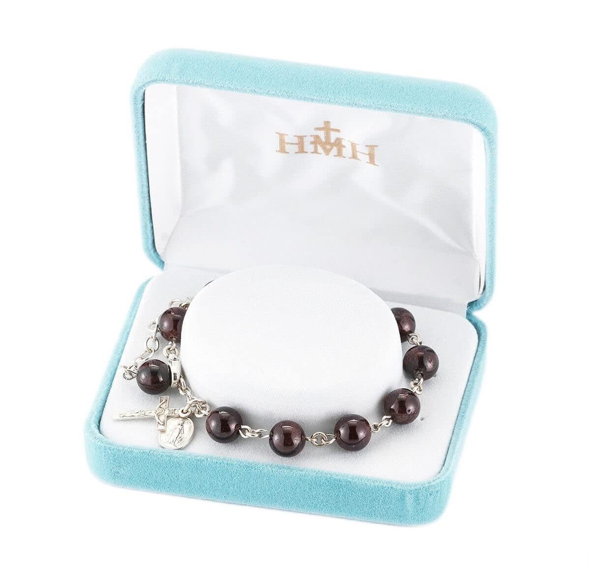 Christian World Sterling Silver Dark Red Round Glass Bead Rosary Bracelet with Charms - 7.5 Inch Prayer Jewelry for Catholic Devotion & Spiritual Gifts