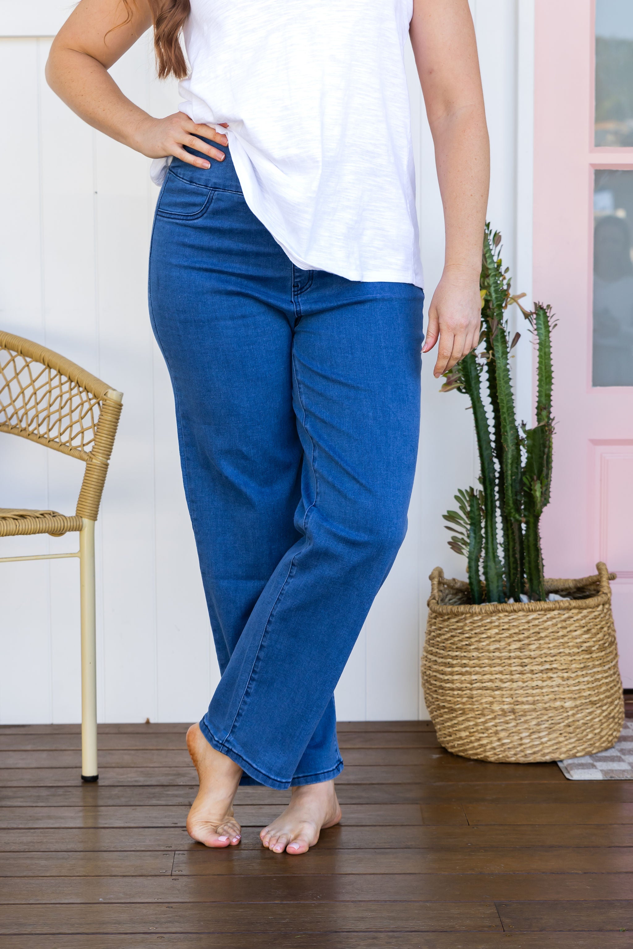 Lara Pull-On Jeans for Women - Mid Blue Denim Stretch Pants - Comfortable & Stylish for Casual Wear, Office, and Travel