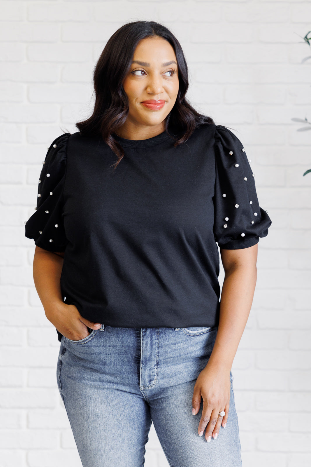 Black Diamonds and Pearls Puff Sleeve Blouse - Elegant Women's Fashion Top for Parties, Dates & Special Occasions