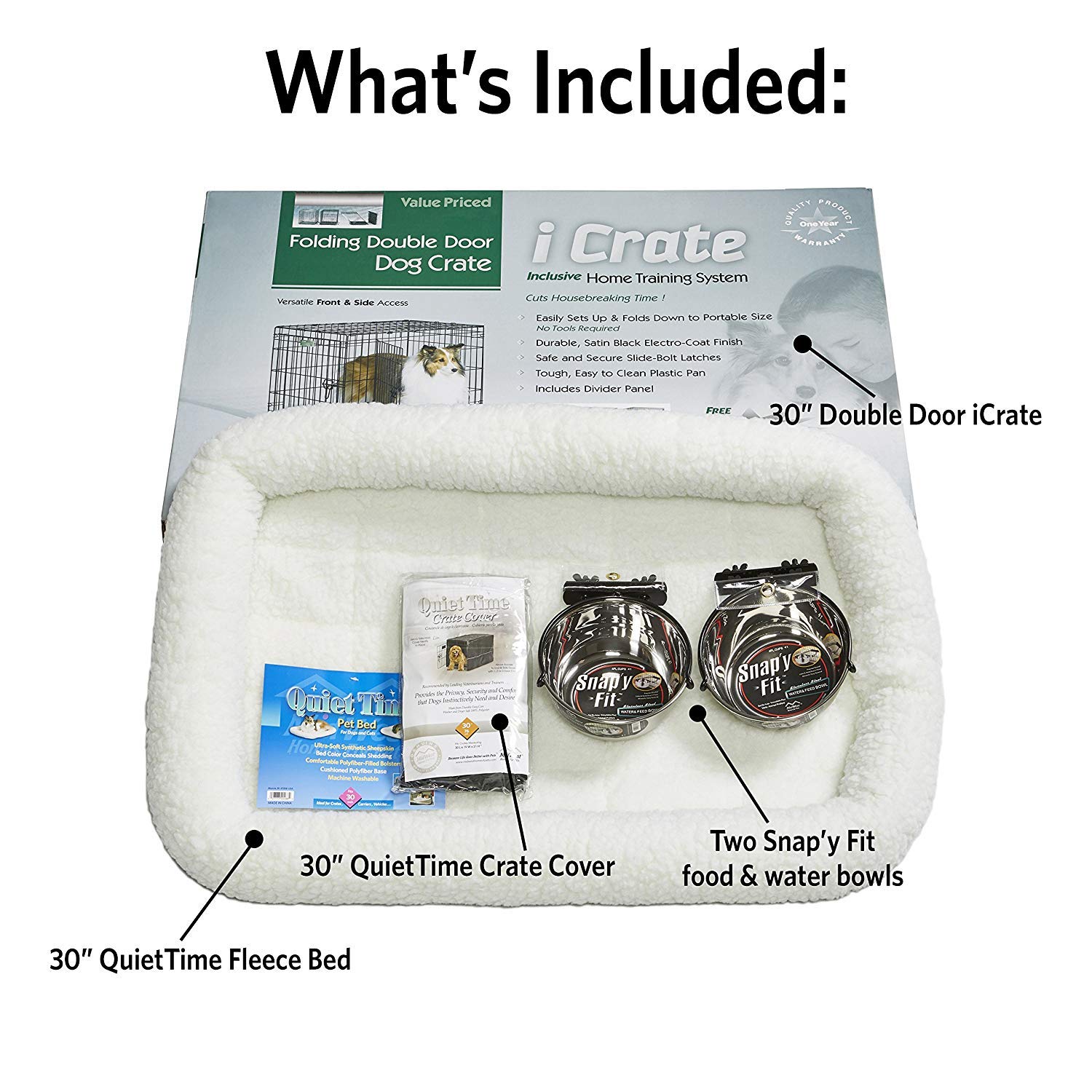 MidWest Homes for Pets iCrate 30-Inch Dog Crate Starter Kit for Medium Dogs (26-40 lbs) - Includes Crate, Pet Bed, 2 Bowls & Cover | Portable Kennel for Travel, Training & Home Use