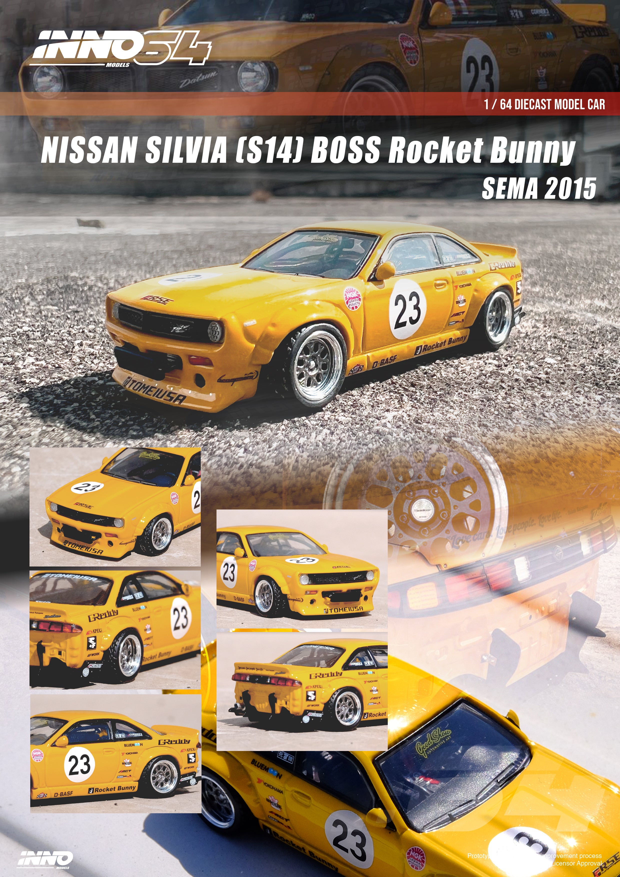 INNO64 1/64 Scale Nissan Silvia S14 BOSS Rocket Bunny SEMA 2015 Limited Edition Diecast Model Car - Perfect for Collectors, Display, and Racing Enthusiasts