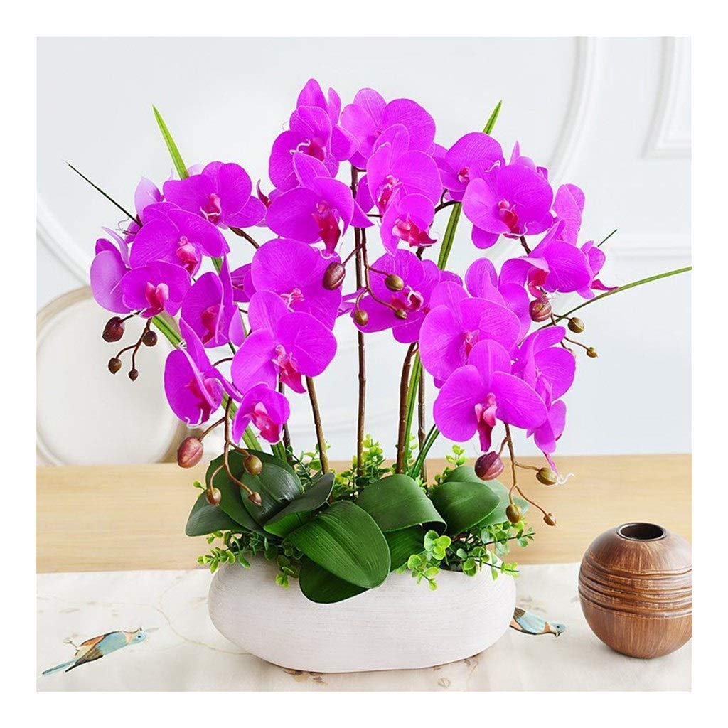 NNR Artificial Silk Orchid Bonsai with Ceramic Vase - Phalaenopsis Flower Arrangement for Home Office Decor, Wedding & Party Decoration - White Stone Pattern Vase (Purple) | Perfect for Living Room, Bedroom, Dining Table Centerpiece and Gift Giving