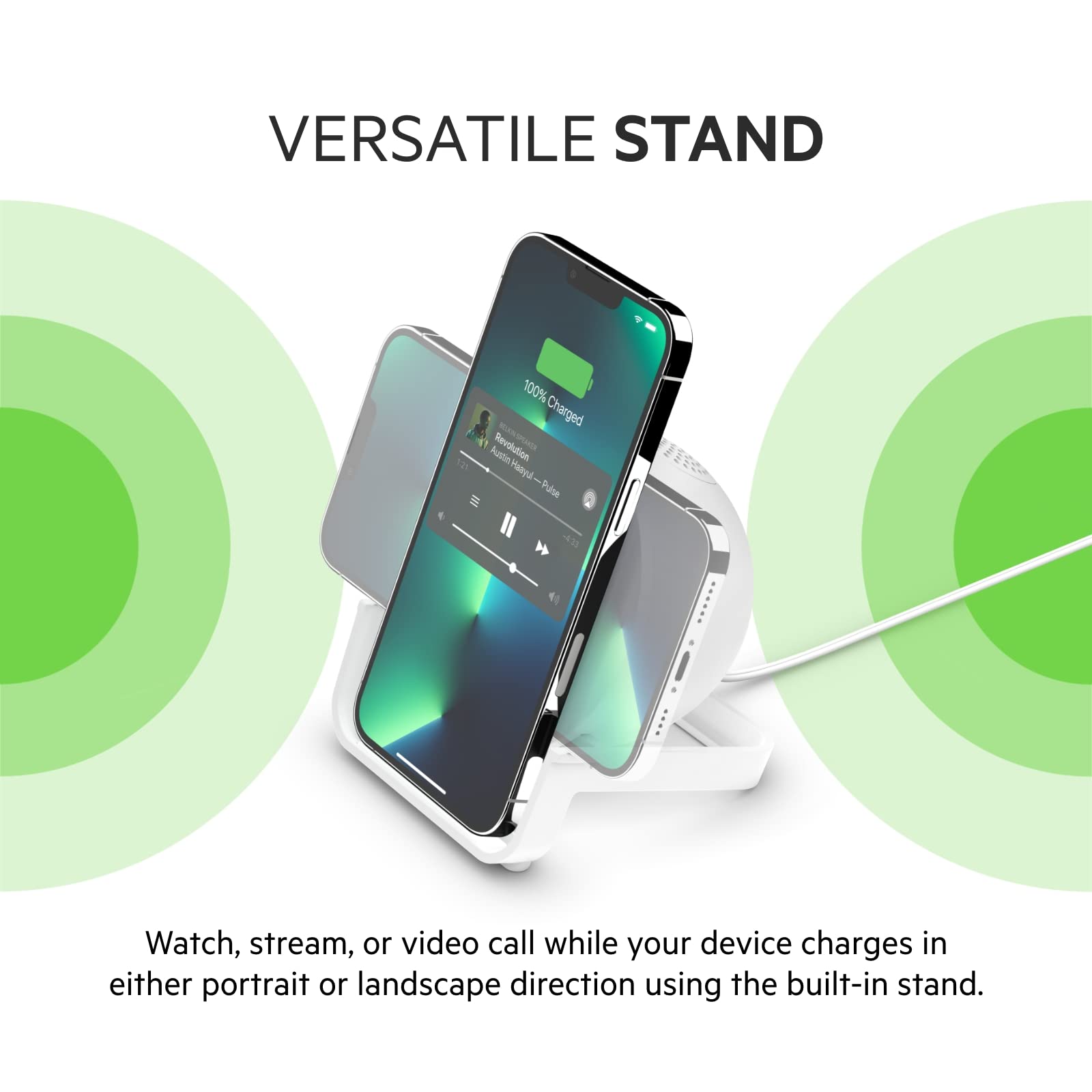 Belkin Quick Charge Wireless Charger with Bluetooth Speaker - Qi-Certified Charging Stand for iPhone 14/13/12, Samsung Galaxy S23/S22/S21 & More - Fast Wireless Charging & Premium Sound for Music, Videos & Video Calls - Perfect for Home, Office & Travel - White