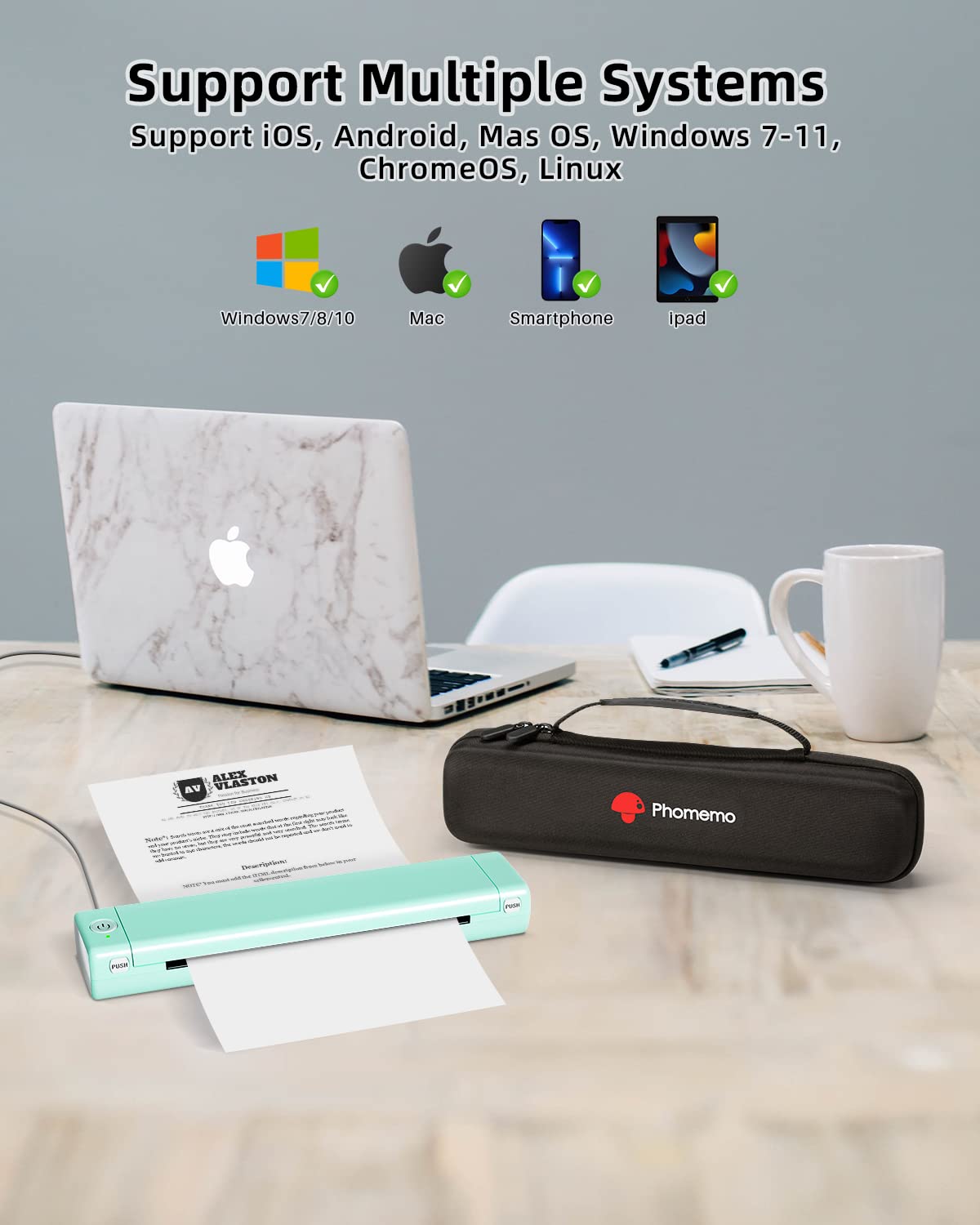 Phomemo Portable Wireless Bluetooth Printer for Travel - Compact Thermal Printer Compatible with iOS & Android, Supports 8.5