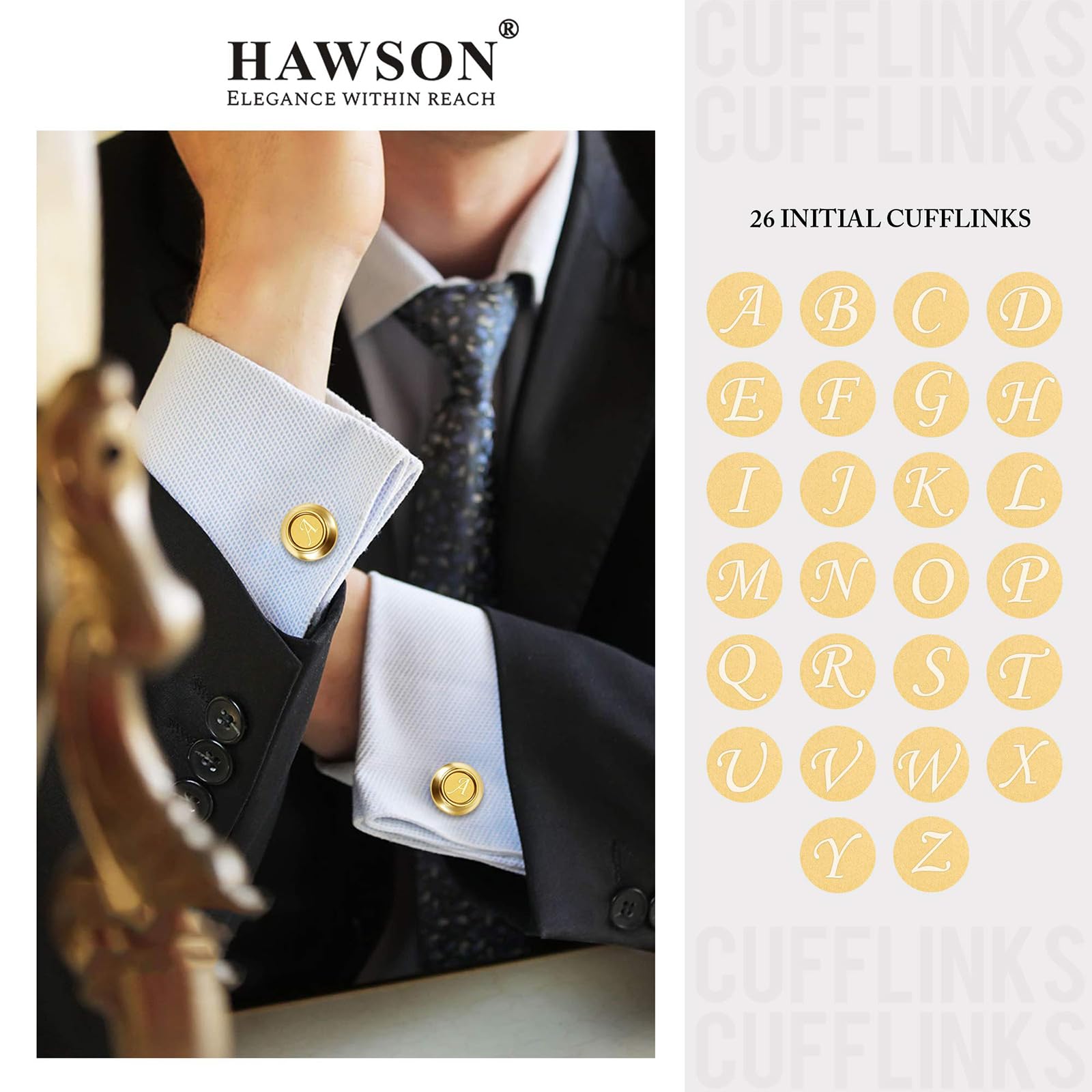 HAWSON 2 Inch Gold Engraved A-Z Letter Cufflinks & Tie Clip Set for Men - Formal Business Attire, Wedding Gifts, Office Wear & Special Occasions