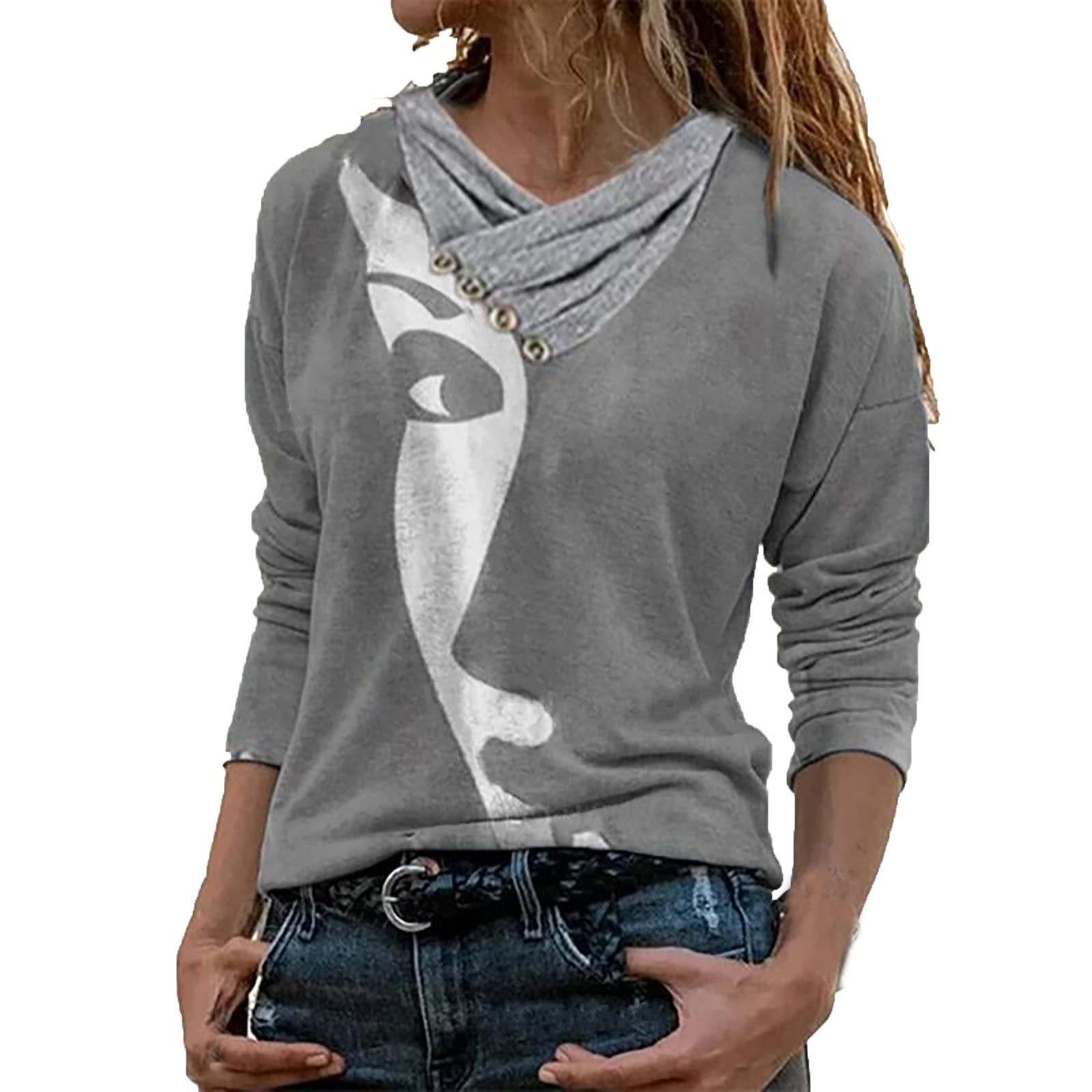 FMCHICO Women's Retro Printed Pullover Blouse - Cross V-Neck Button Down Long Sleeve Casual Top for Fall Fashion | Perfect for Office Wear, Date Nights & Weekend Outfits