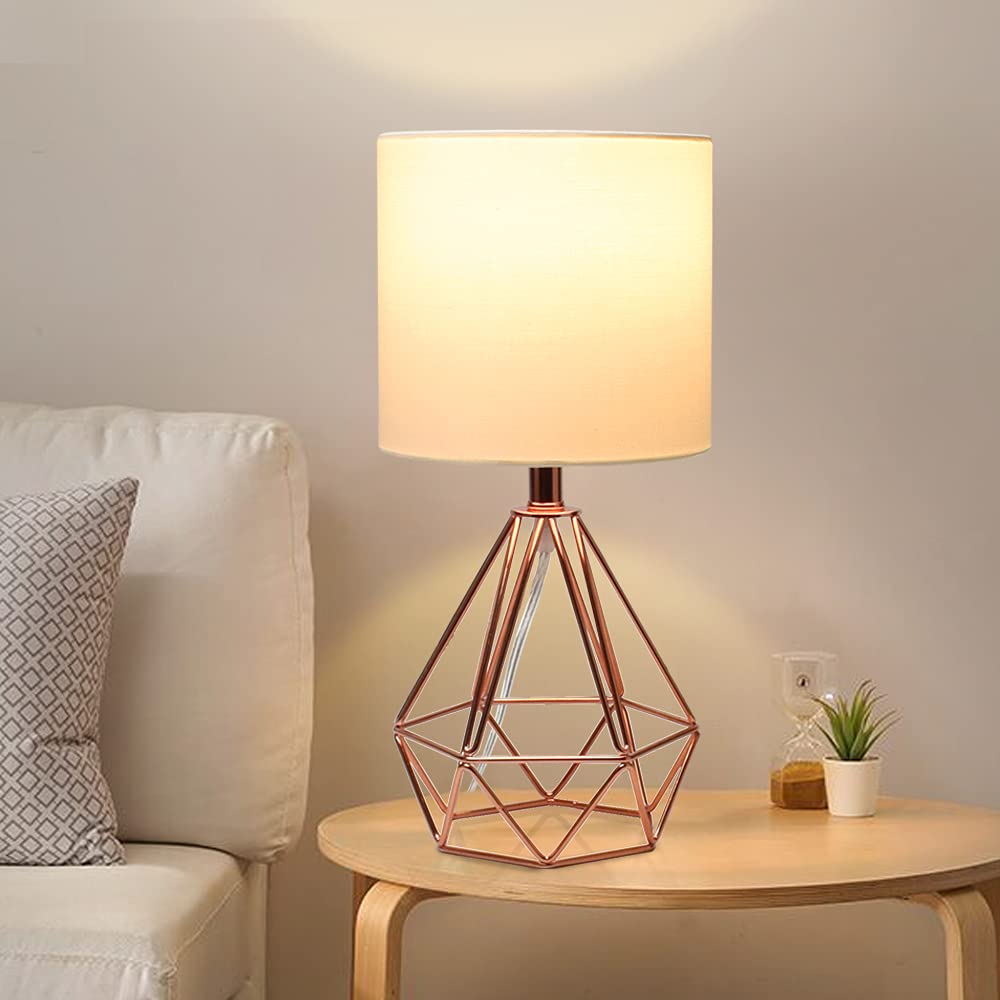 Modern Geometric Table Lamp with Rose Gold Hollowed Metal Base & Fabric Shade - 5W E26 Warm LED Bulb Included - Bedside Nightstand Lamp for Bedroom, Living Room & Office Decor - Perfect for Reading, Relaxing & Ambient Lighting
