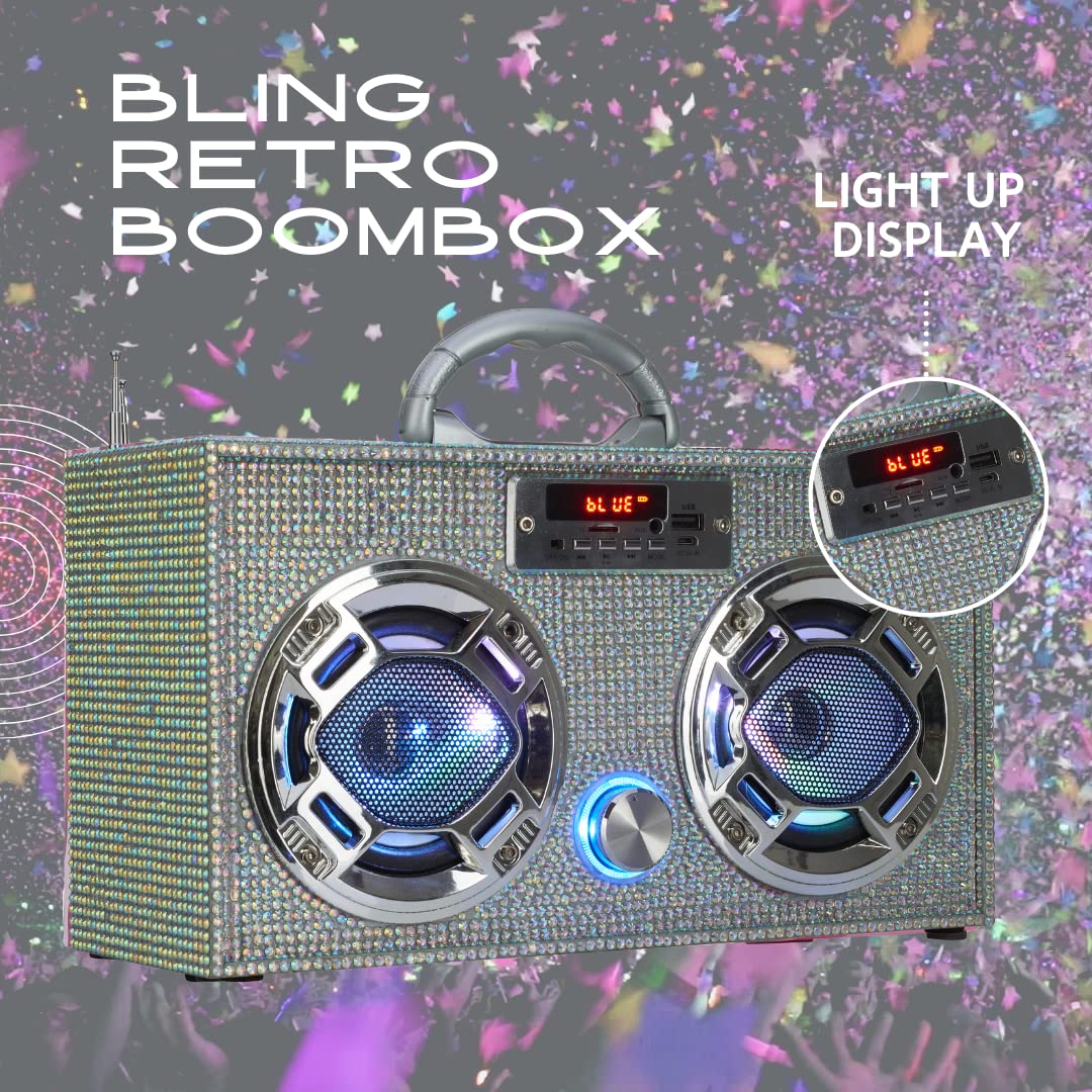 Retro Mini Boombox Bluetooth Speaker with LED Lights & Enhanced FM Radio - Portable Wireless Speaker for Home, Outdoor, Parties & Travel (Iridescent Bling) - Perfect for Room Decor, Beach Trips & Camping