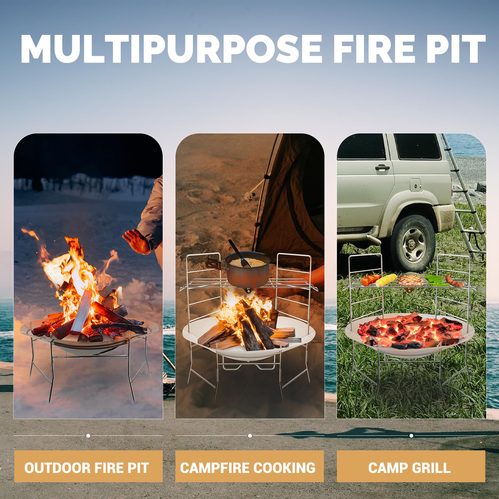 ActDoer 17-Inch Portable Collapsible Fire Pit with Grill & Storage Bag - Wood Burning Fire Pit for Camping, Backyard, Picnics & Outdoor Heating - Perfect for Roasting Marshmallows & BBQ Parties
