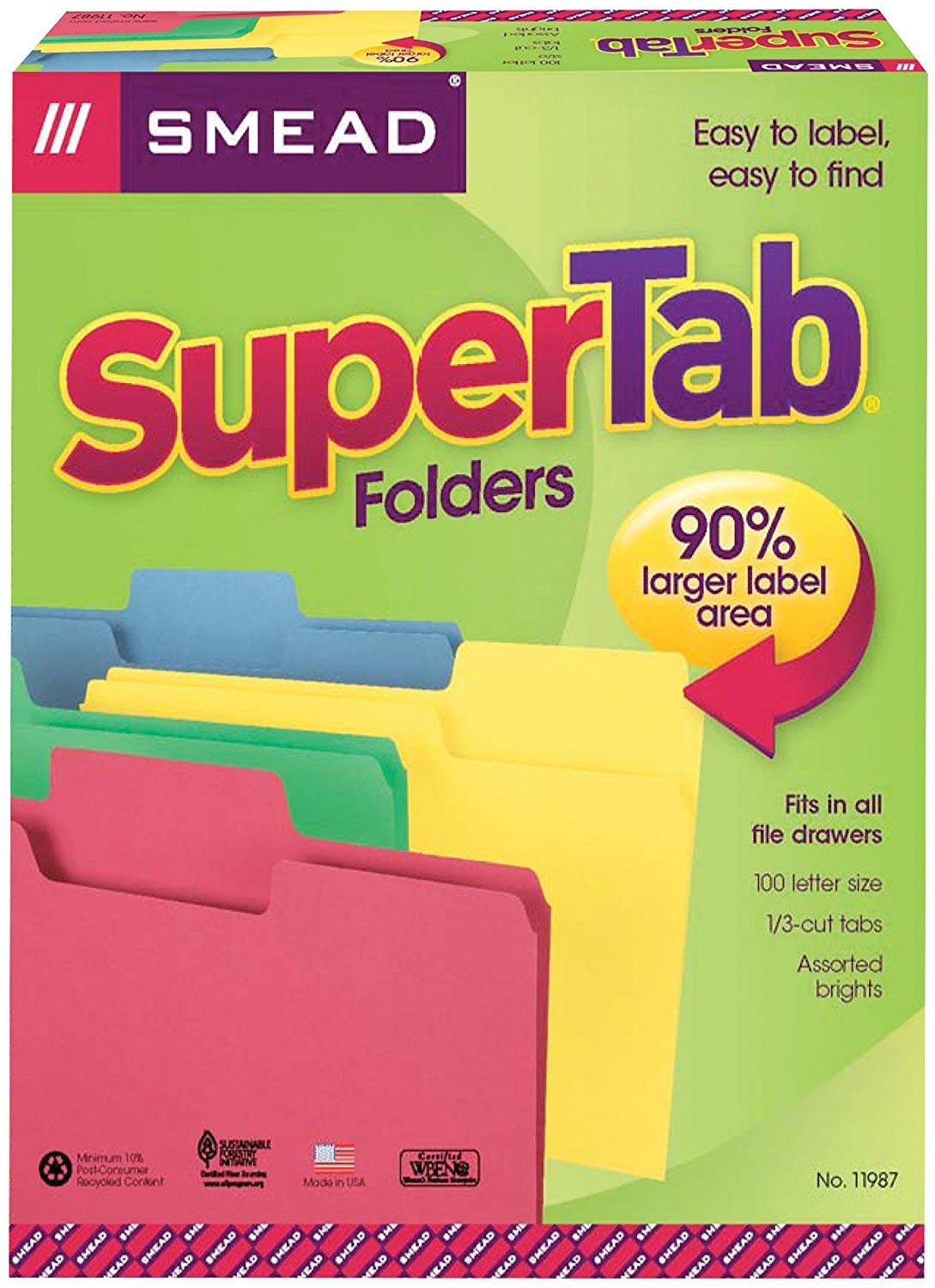 Smead SuperTab File Folders - Oversized 1/3-Cut Tab, Letter Size, Assorted Colors (100 per Box, 2-Pack) - Perfect for Office Organization, Document Filing & Home Office Storage