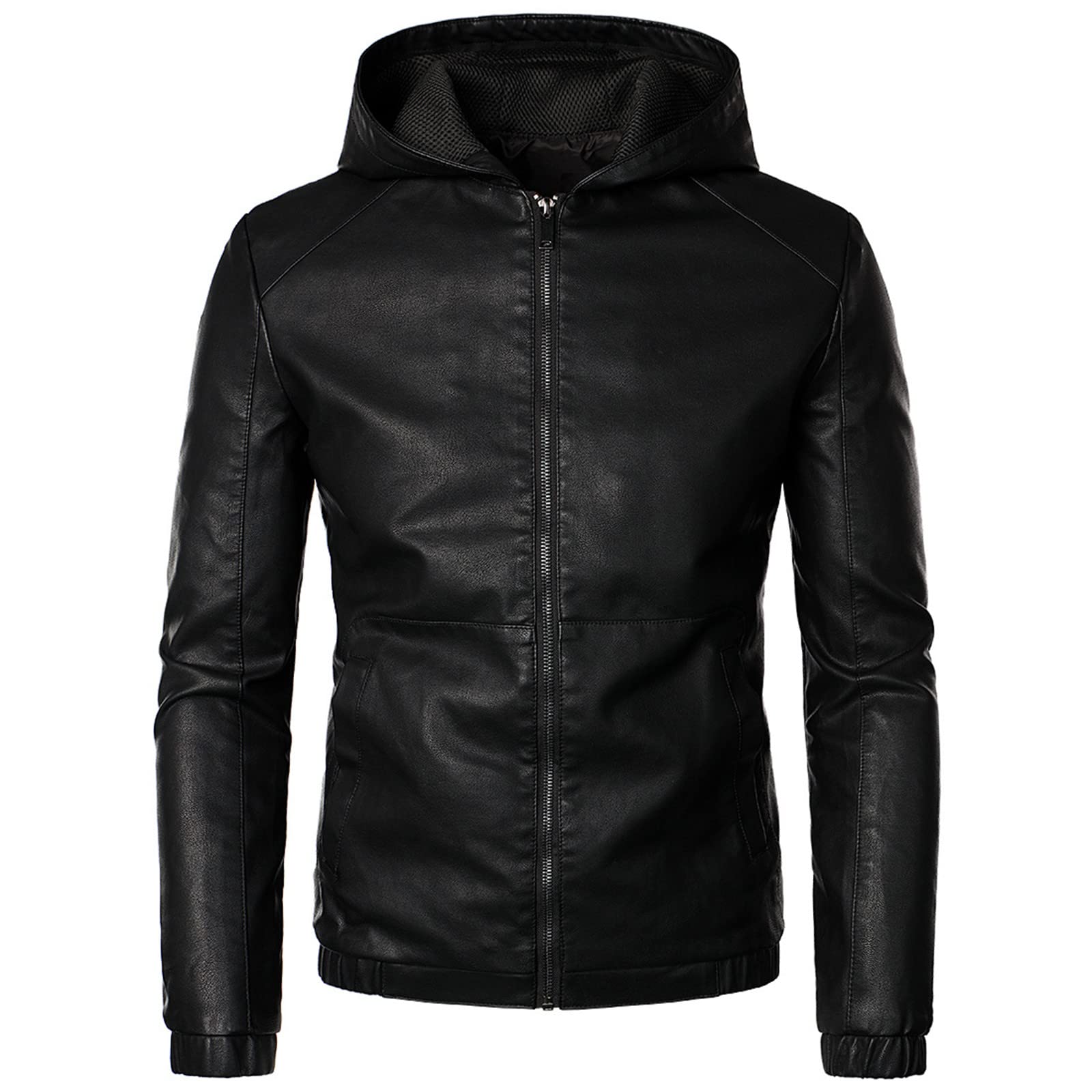 **Men's Black Faux Leather Hooded Motorcycle Jacket - Slim Fit Zip-Up Bomber Coat with Hood, Punk Style Windbreaker for Riding & Outdoor Activities**