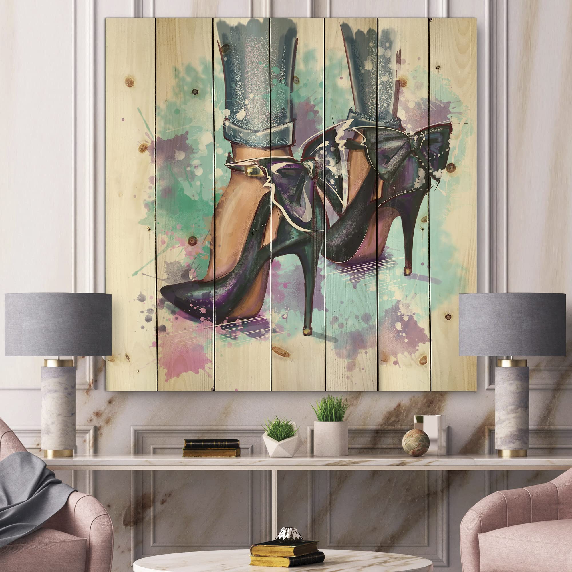 Trendy Fashion Shoes & Modern Wood Wall Decor - Blue Large Wood Wall Art Panels Printed on Natural Pine for Living Room, Bedroom & Office Decor