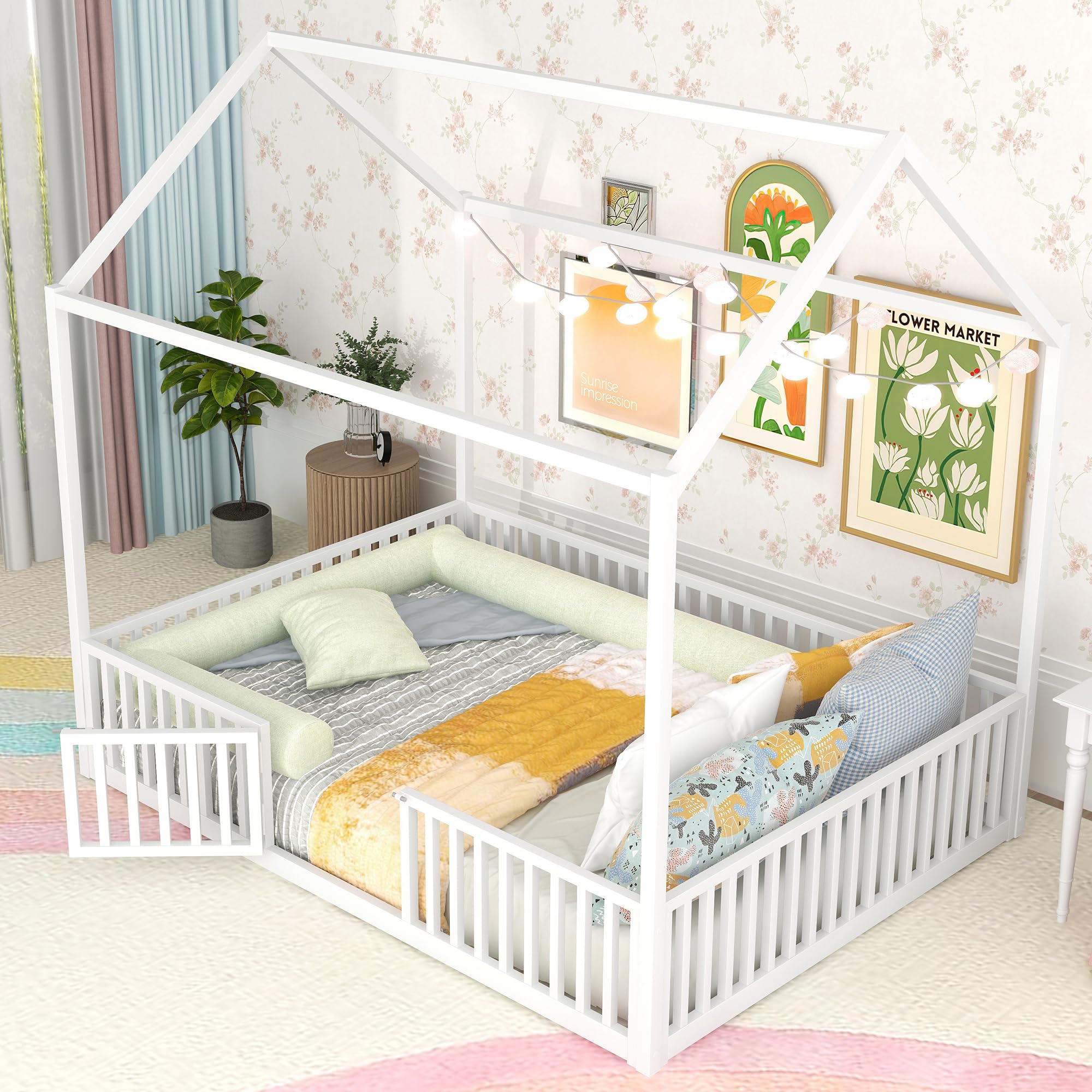 White Full Size Montessori Floor Bed Frame with Door & High Fence - Safe Kids House Bed for Boys & Girls | Perfect for Toddler Rooms, Daycare Centers & Montessori Classrooms